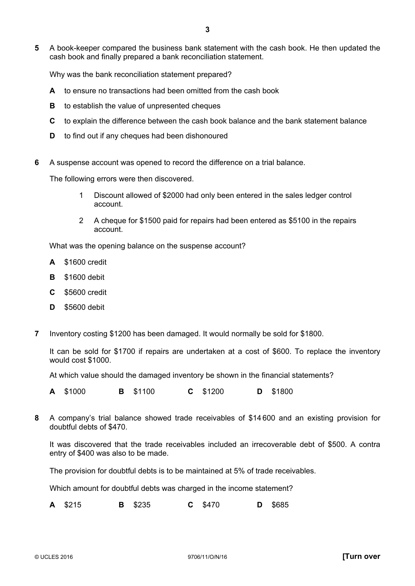 Cambridge A Level Accounting 9706 2016 Oct/Nov Paper 1 · Variant 1 question paper, page 3 of 12