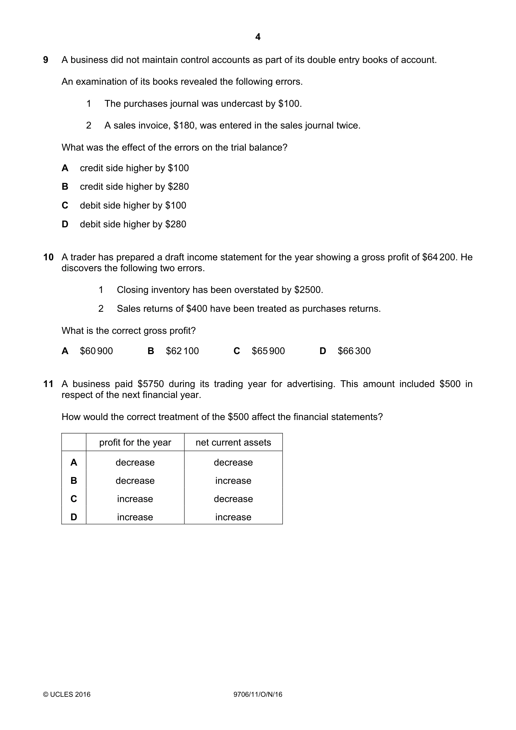 Cambridge A Level Accounting 9706 2016 Oct/Nov Paper 1 · Variant 1 question paper, page 4 of 12