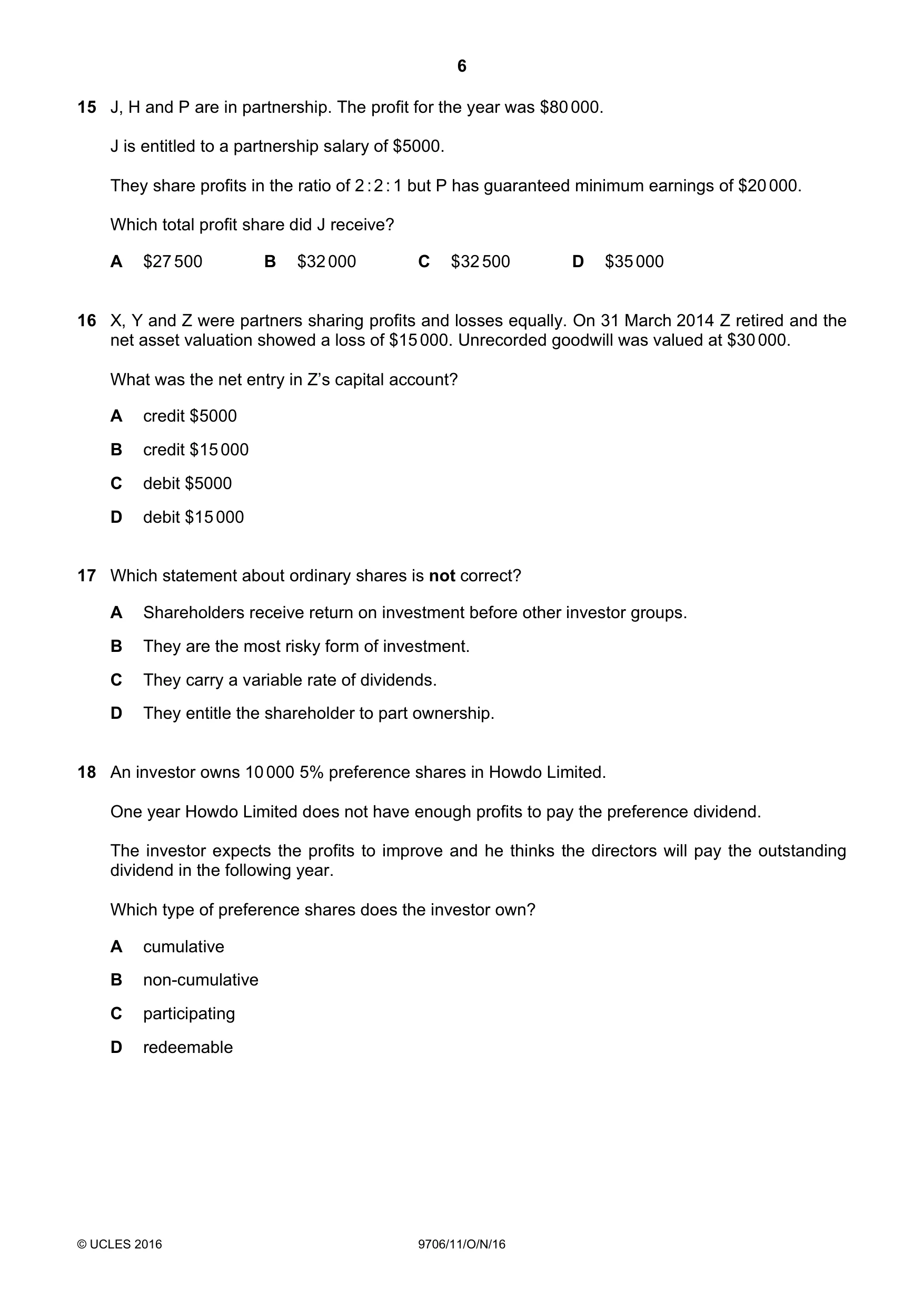 Cambridge A Level Accounting 9706 2016 Oct/Nov Paper 1 · Variant 1 question paper, page 6 of 12