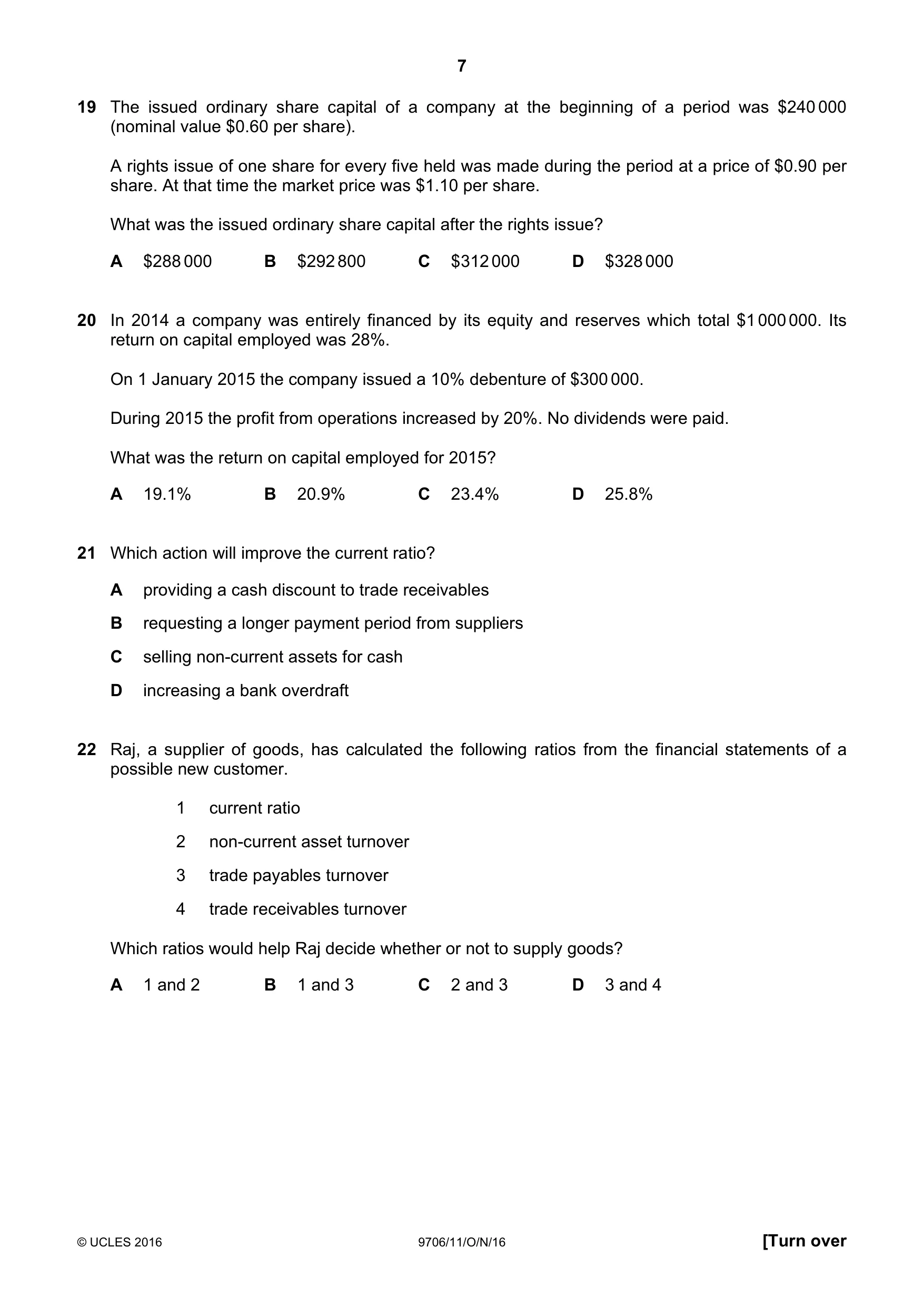 Cambridge A Level Accounting 9706 2016 Oct/Nov Paper 1 · Variant 1 question paper, page 7 of 12