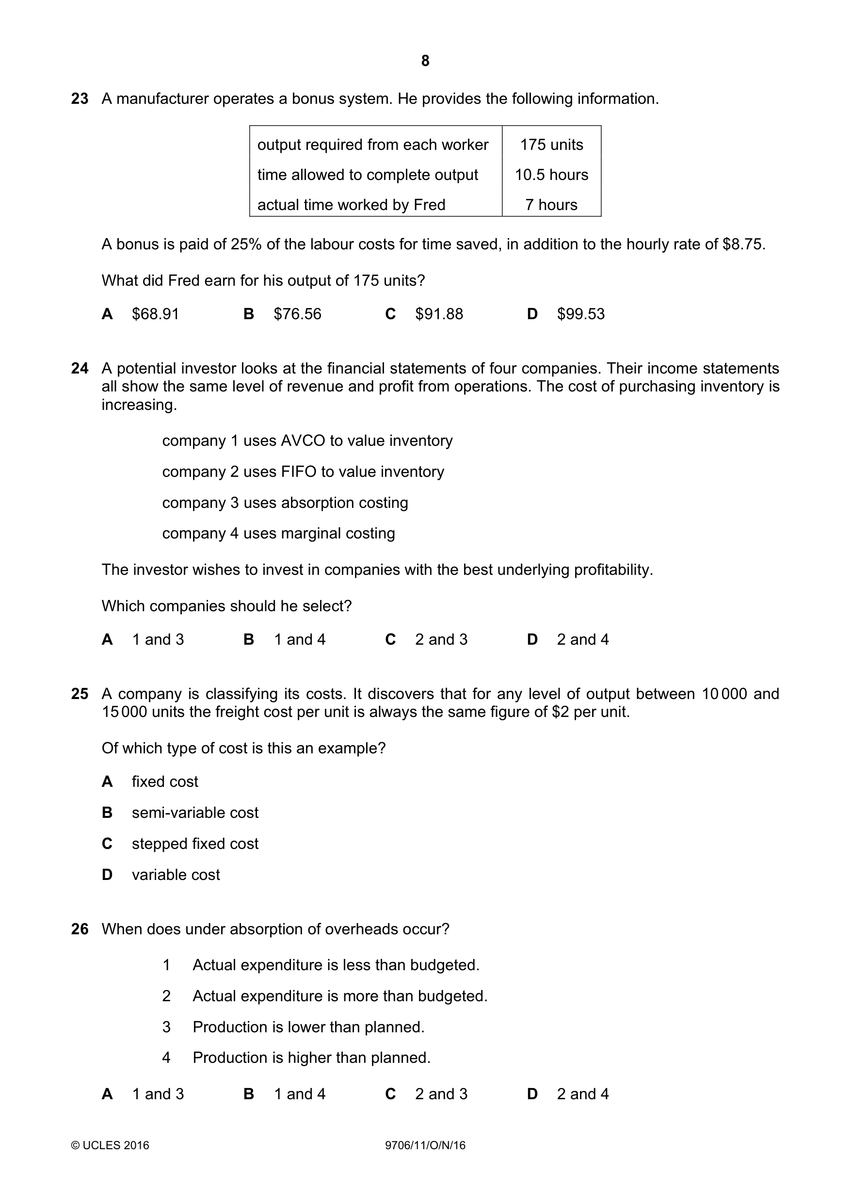 Cambridge A Level Accounting 9706 2016 Oct/Nov Paper 1 · Variant 1 question paper, page 8 of 12