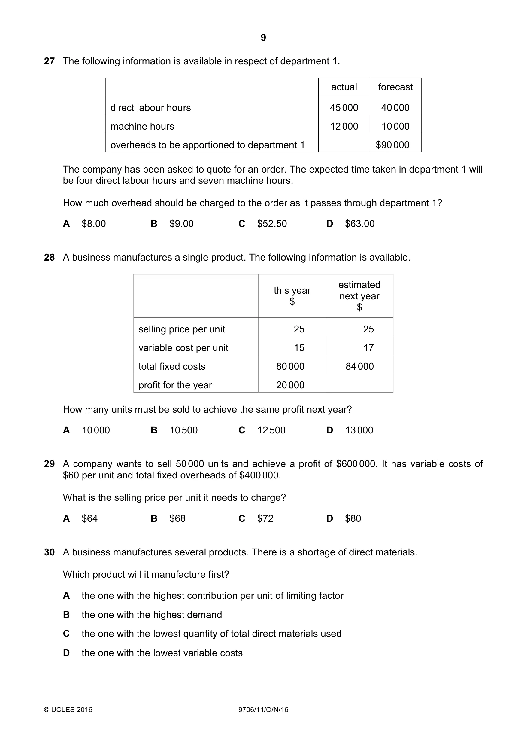 Cambridge A Level Accounting 9706 2016 Oct/Nov Paper 1 · Variant 1 question paper, page 9 of 12