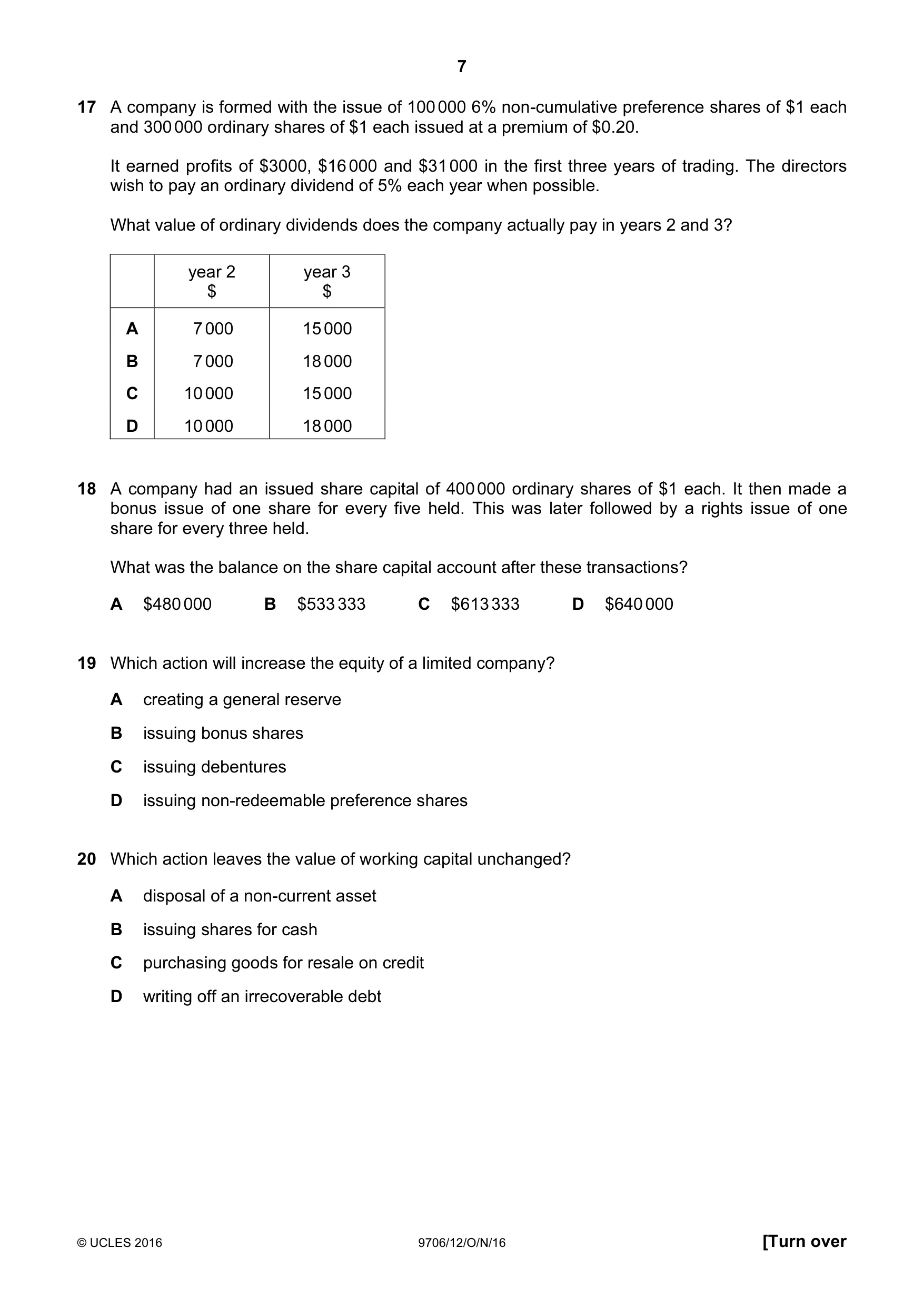 Cambridge A Level Accounting 9706 2016 Oct/Nov Paper 1 · Variant 2 question paper, page 7 of 12