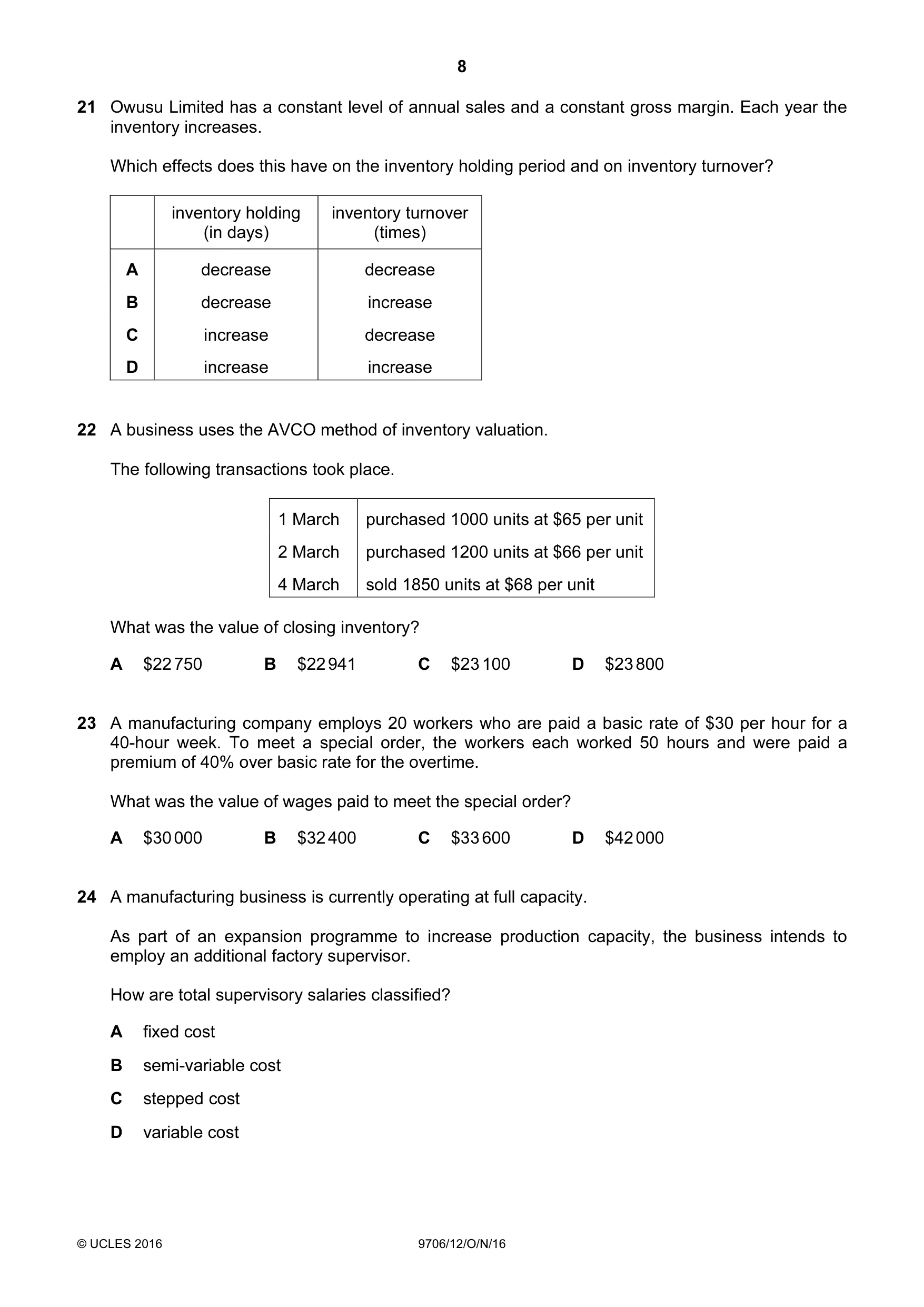Cambridge A Level Accounting 9706 2016 Oct/Nov Paper 1 · Variant 2 question paper, page 8 of 12
