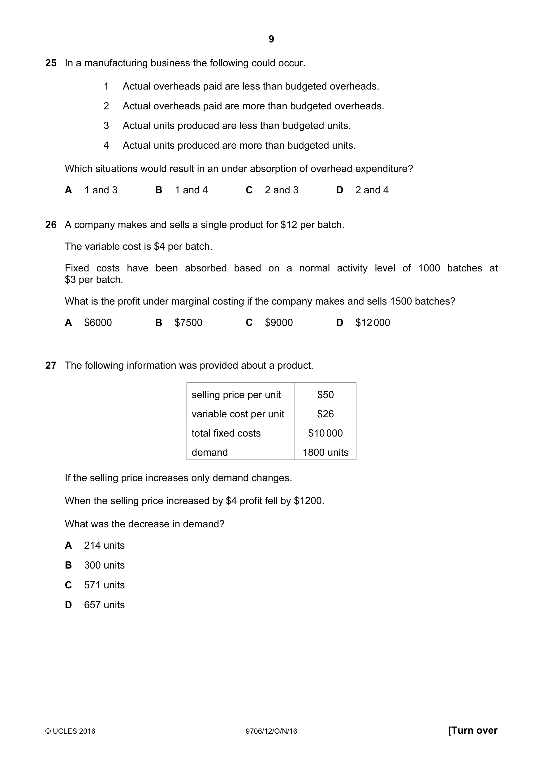 Cambridge A Level Accounting 9706 2016 Oct/Nov Paper 1 · Variant 2 question paper, page 9 of 12