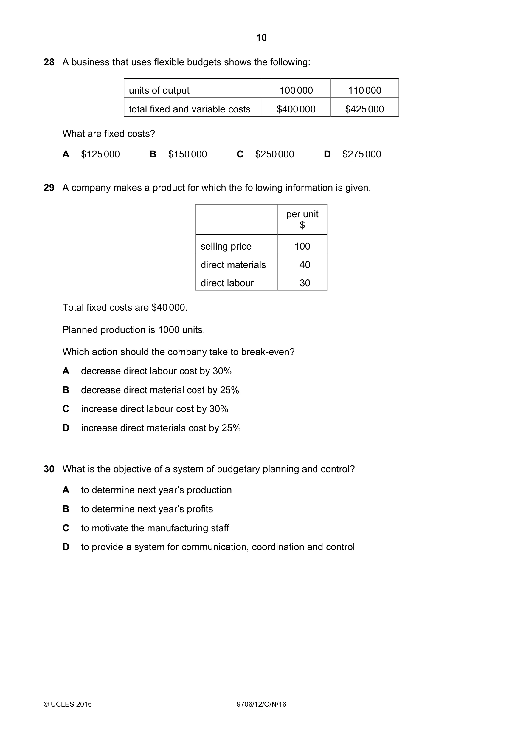 Cambridge A Level Accounting 9706 2016 Oct/Nov Paper 1 · Variant 2 question paper, page 10 of 12