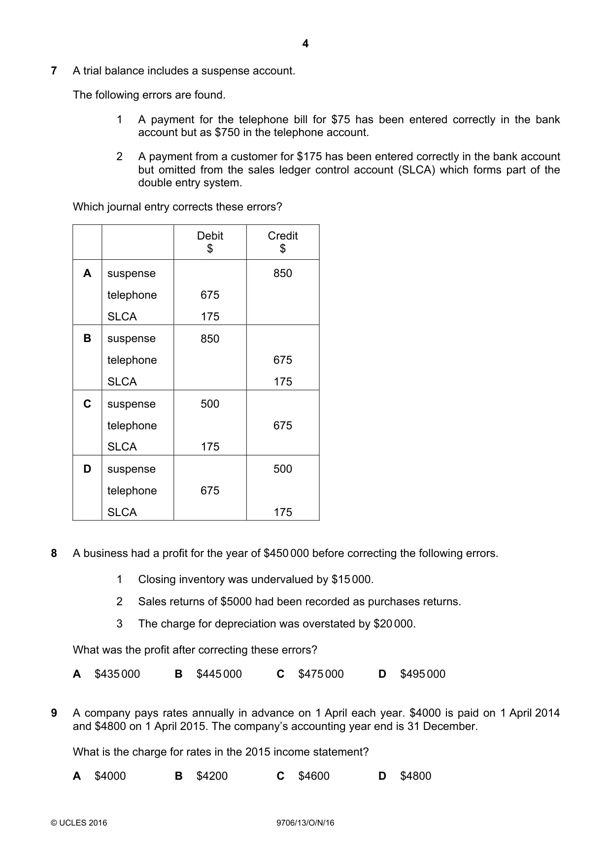 Cambridge A Level Accounting 9706 2016 Oct/Nov Paper 1 · Variant 3 question paper, page 4 of 12