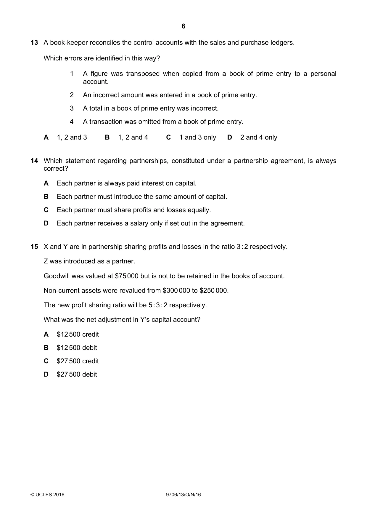 Cambridge A Level Accounting 9706 2016 Oct/Nov Paper 1 · Variant 3 question paper, page 6 of 12
