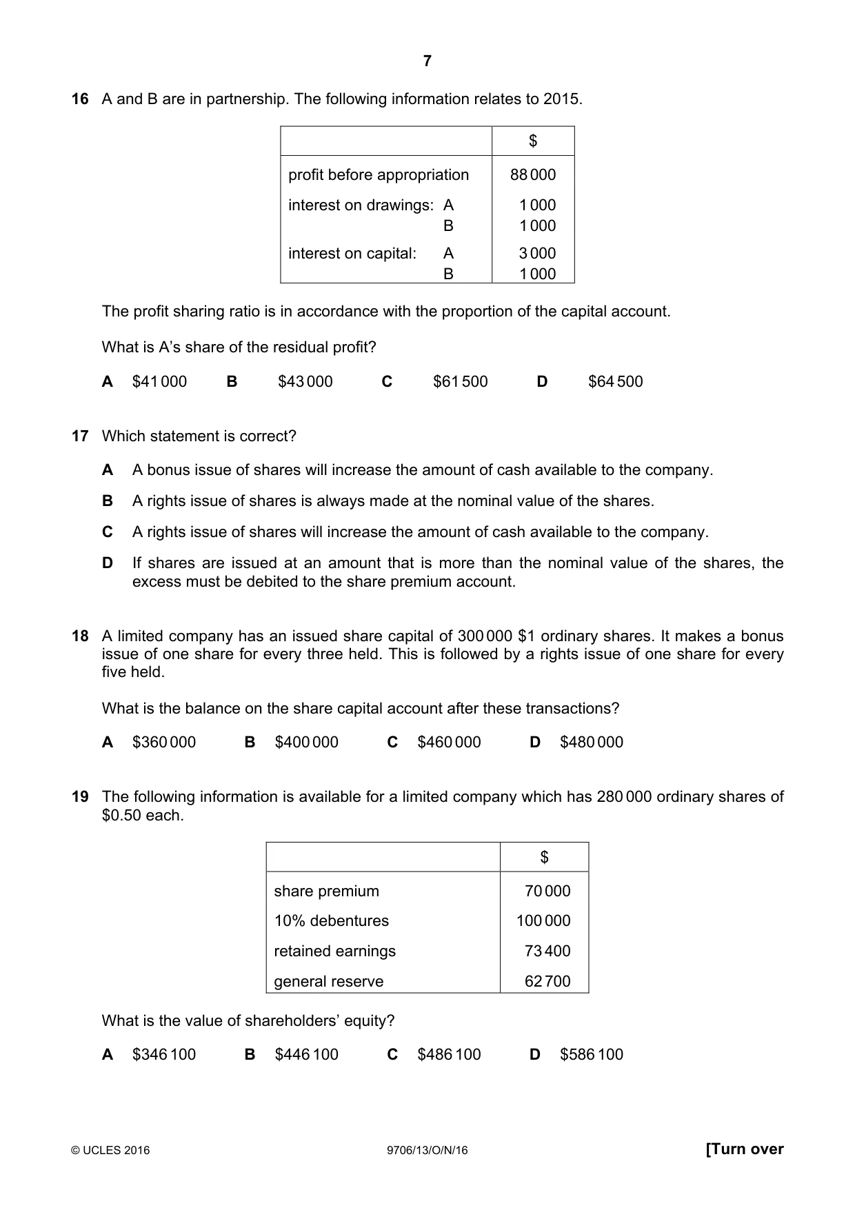 Cambridge A Level Accounting 9706 2016 Oct/Nov Paper 1 · Variant 3 question paper, page 7 of 12