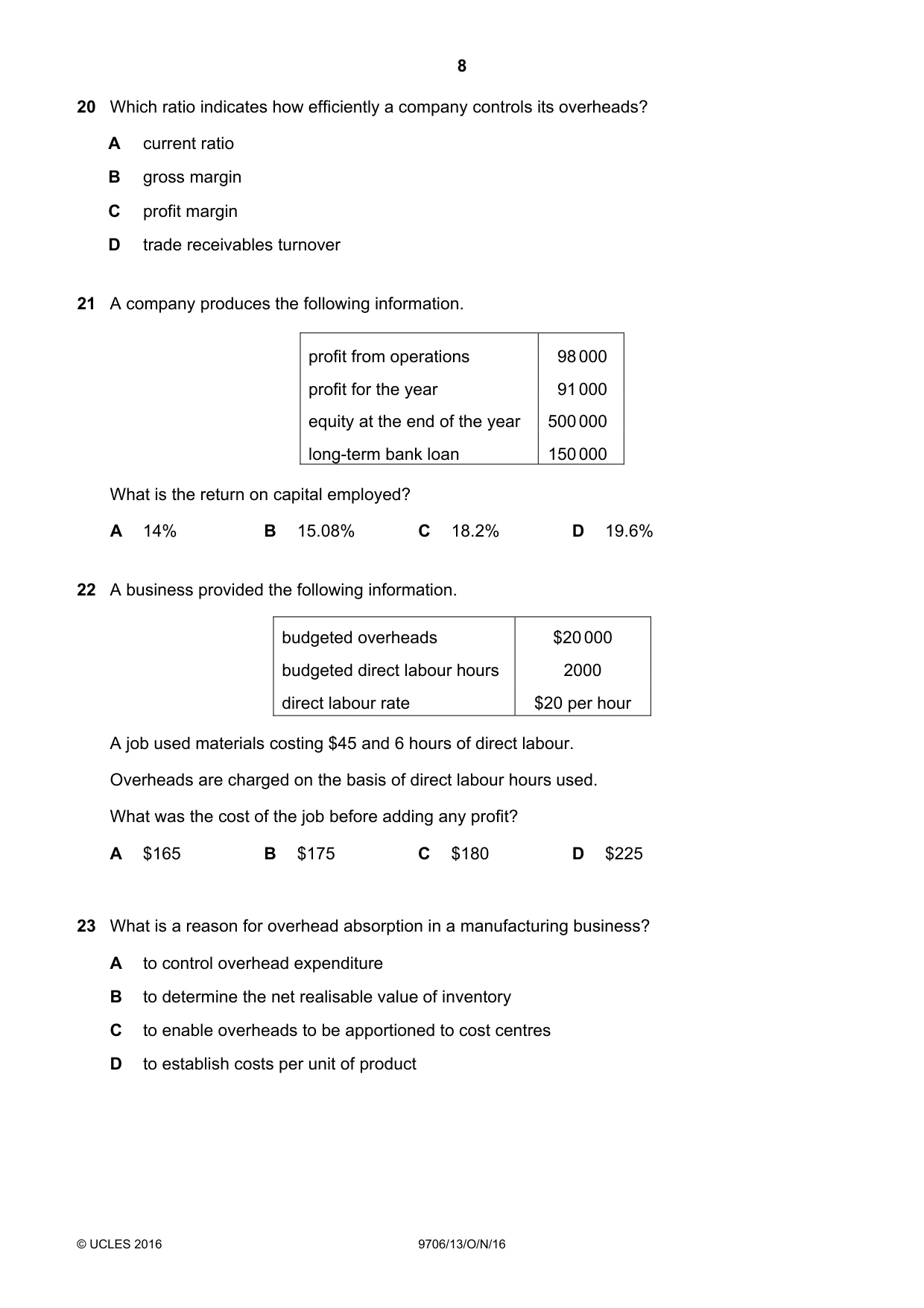 Cambridge A Level Accounting 9706 2016 Oct/Nov Paper 1 · Variant 3 question paper, page 8 of 12