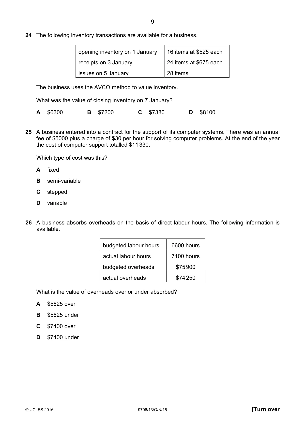 Cambridge A Level Accounting 9706 2016 Oct/Nov Paper 1 · Variant 3 question paper, page 9 of 12