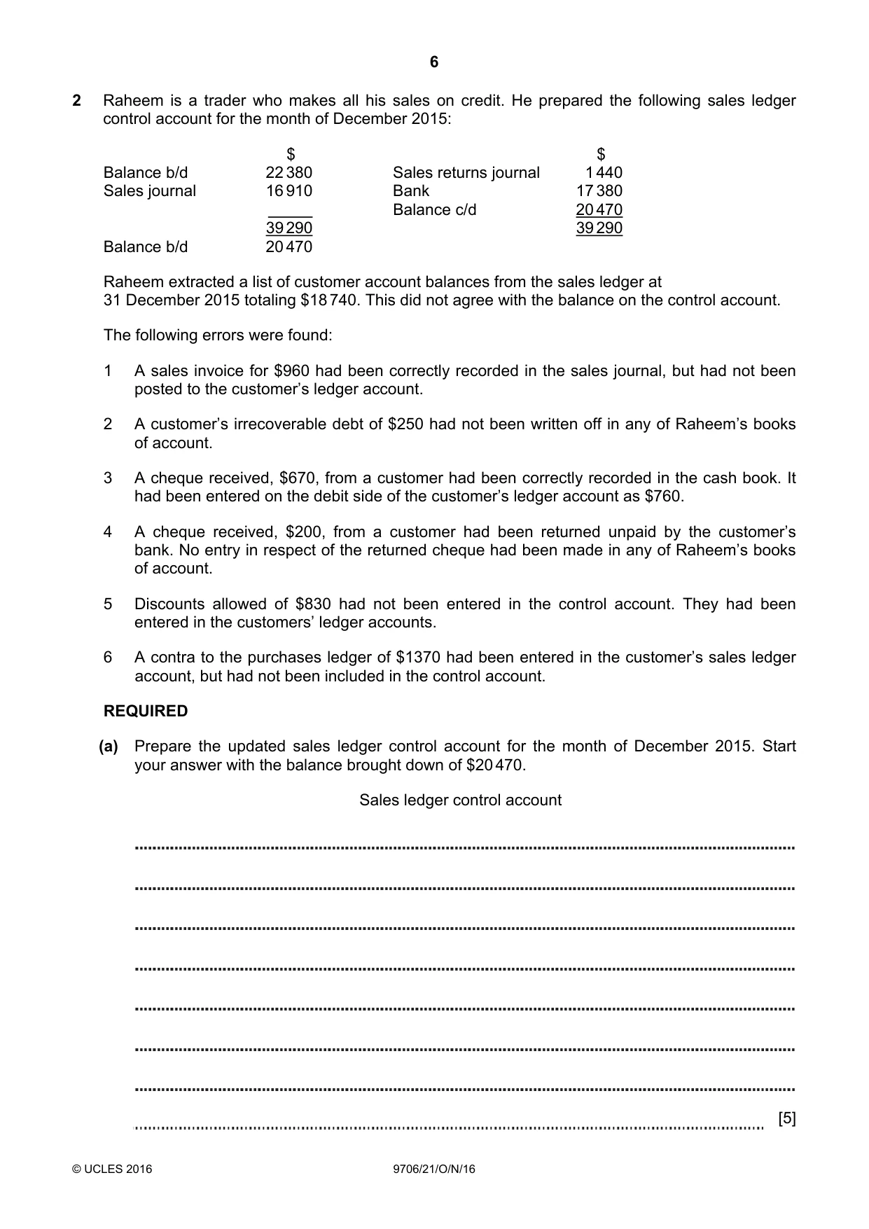 Cambridge A Level Accounting 9706 2016 Oct/Nov Paper 2 · Variant 1 question paper, page 6 of 16