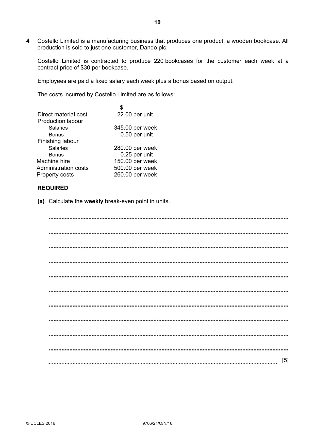Cambridge A Level Accounting 9706 2016 Oct/Nov Paper 2 · Variant 1 question paper, page 10 of 16