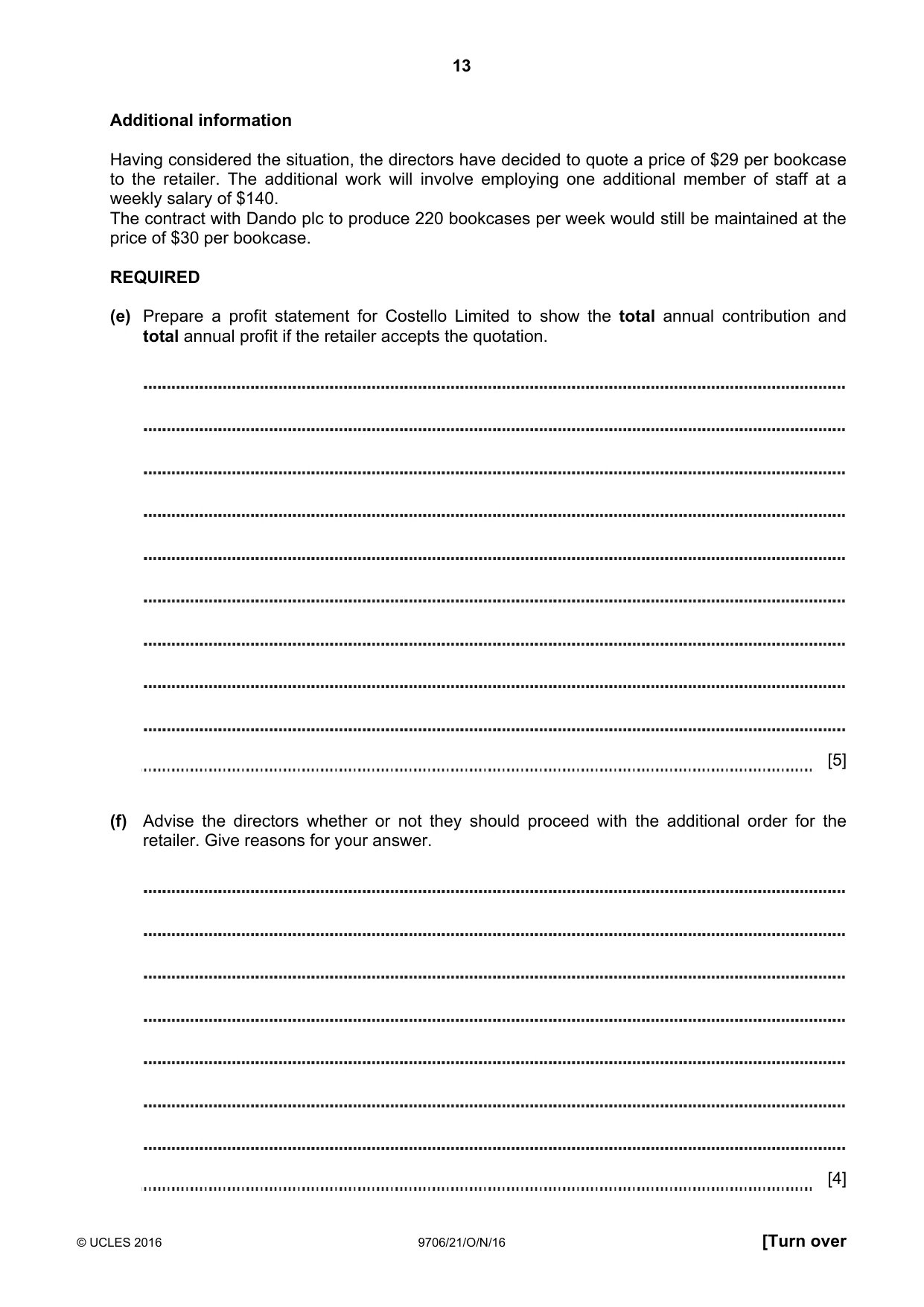 Cambridge A Level Accounting 9706 2016 Oct/Nov Paper 2 · Variant 1 question paper, page 13 of 16