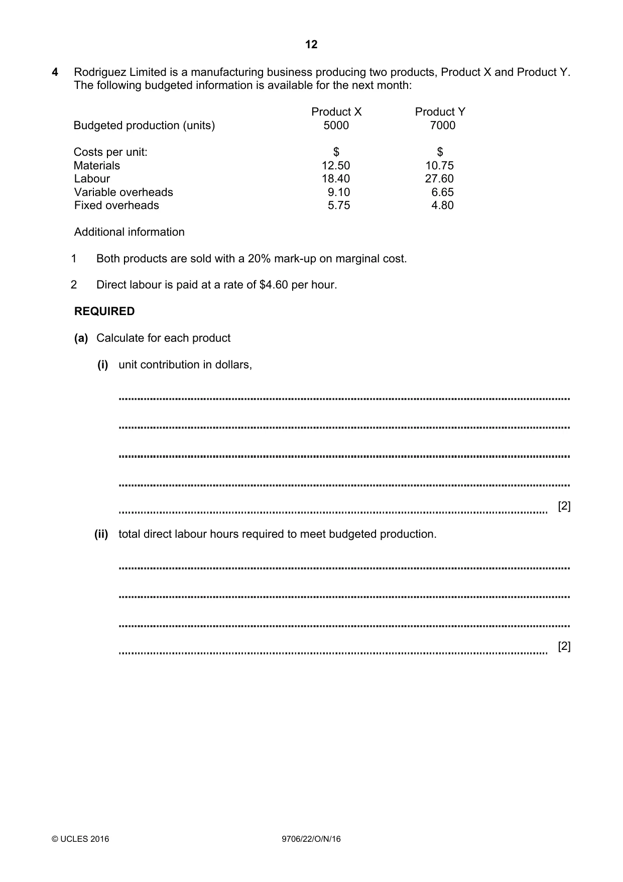 Cambridge A Level Accounting 9706 2016 Oct/Nov Paper 2 · Variant 2 question paper, page 12 of 16