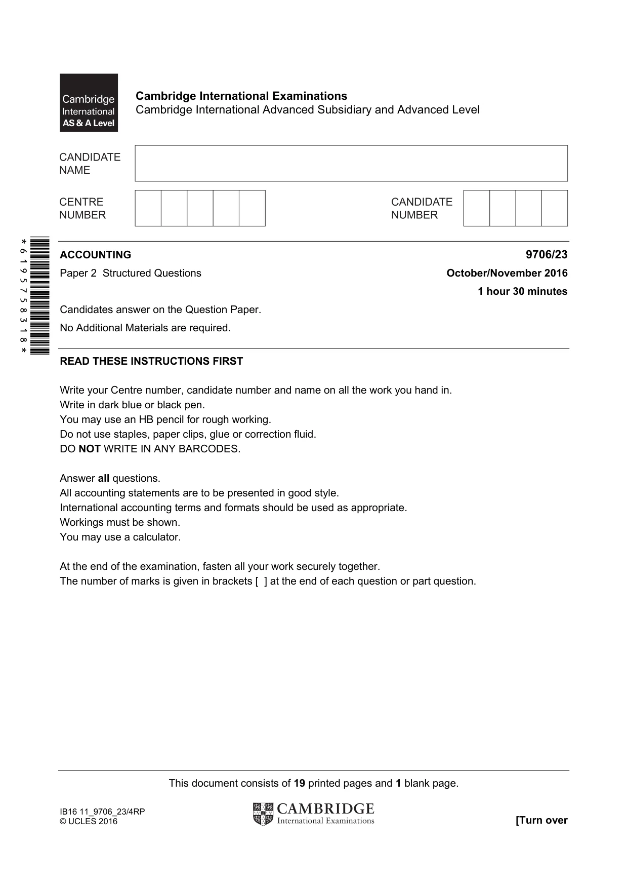 Cambridge A Level Accounting 9706 2016 Oct/Nov Paper 2 · Variant 3 question paper, page 1 of 20