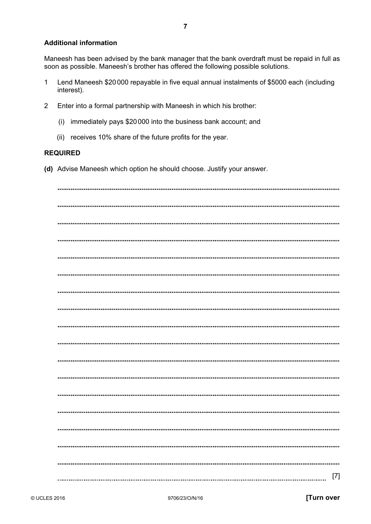 Cambridge A Level Accounting 9706 2016 Oct/Nov Paper 2 · Variant 3 question paper, page 7 of 20