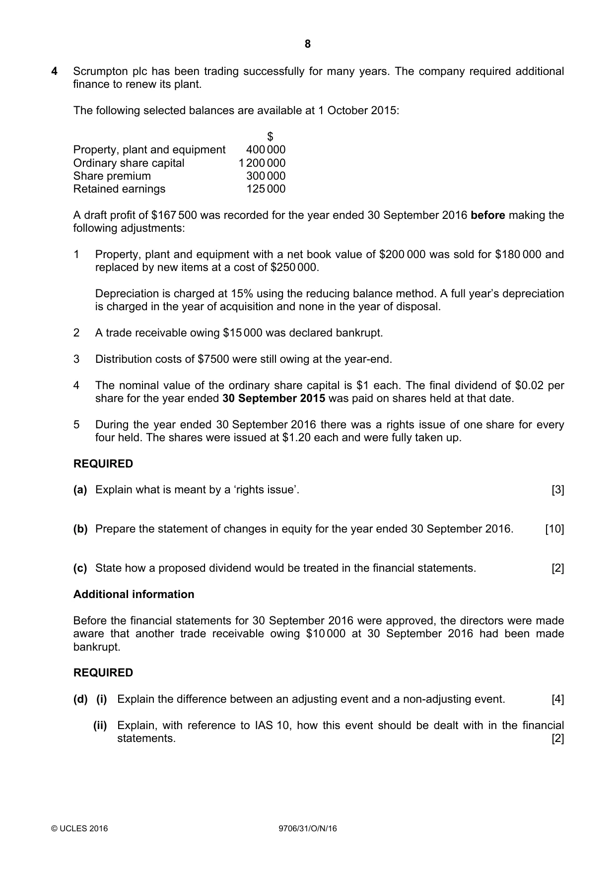 Cambridge A Level Accounting 9706 2016 Oct/Nov Paper 3 · Variant 1 question paper, page 8 of 12