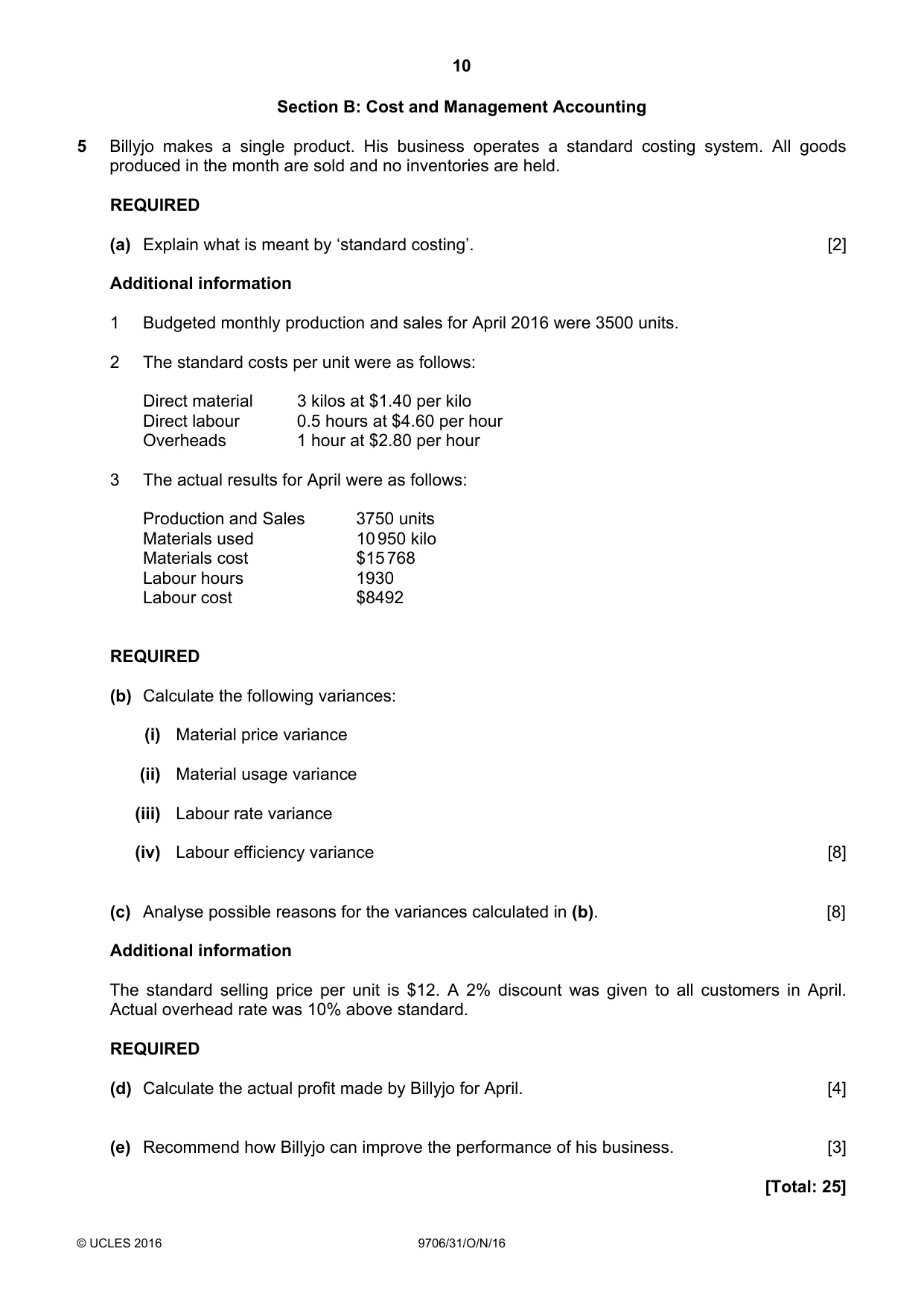 Cambridge A Level Accounting 9706 2016 Oct/Nov Paper 3 · Variant 1 question paper, page 10 of 12