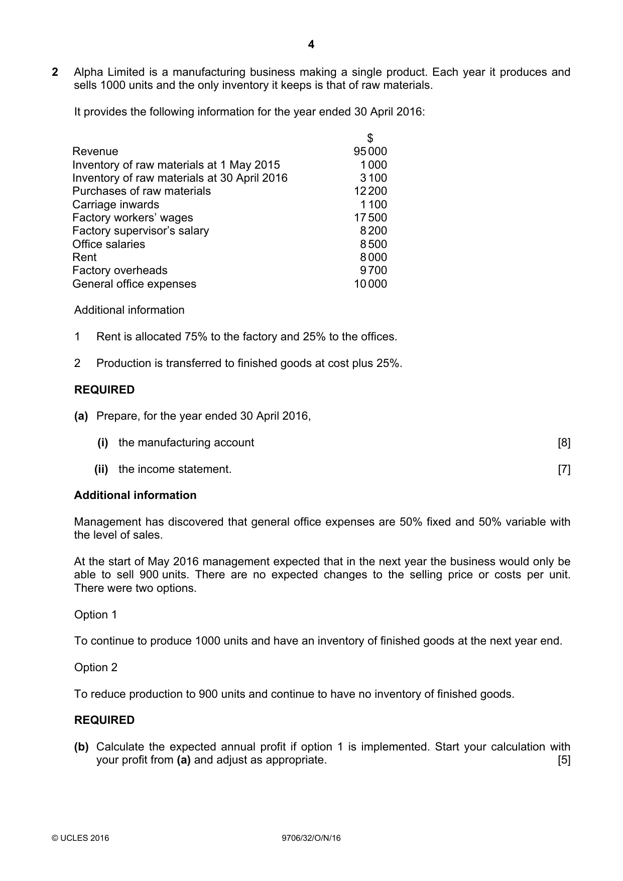 Cambridge A Level Accounting 9706 2016 Oct/Nov Paper 3 · Variant 2 question paper, page 4 of 12