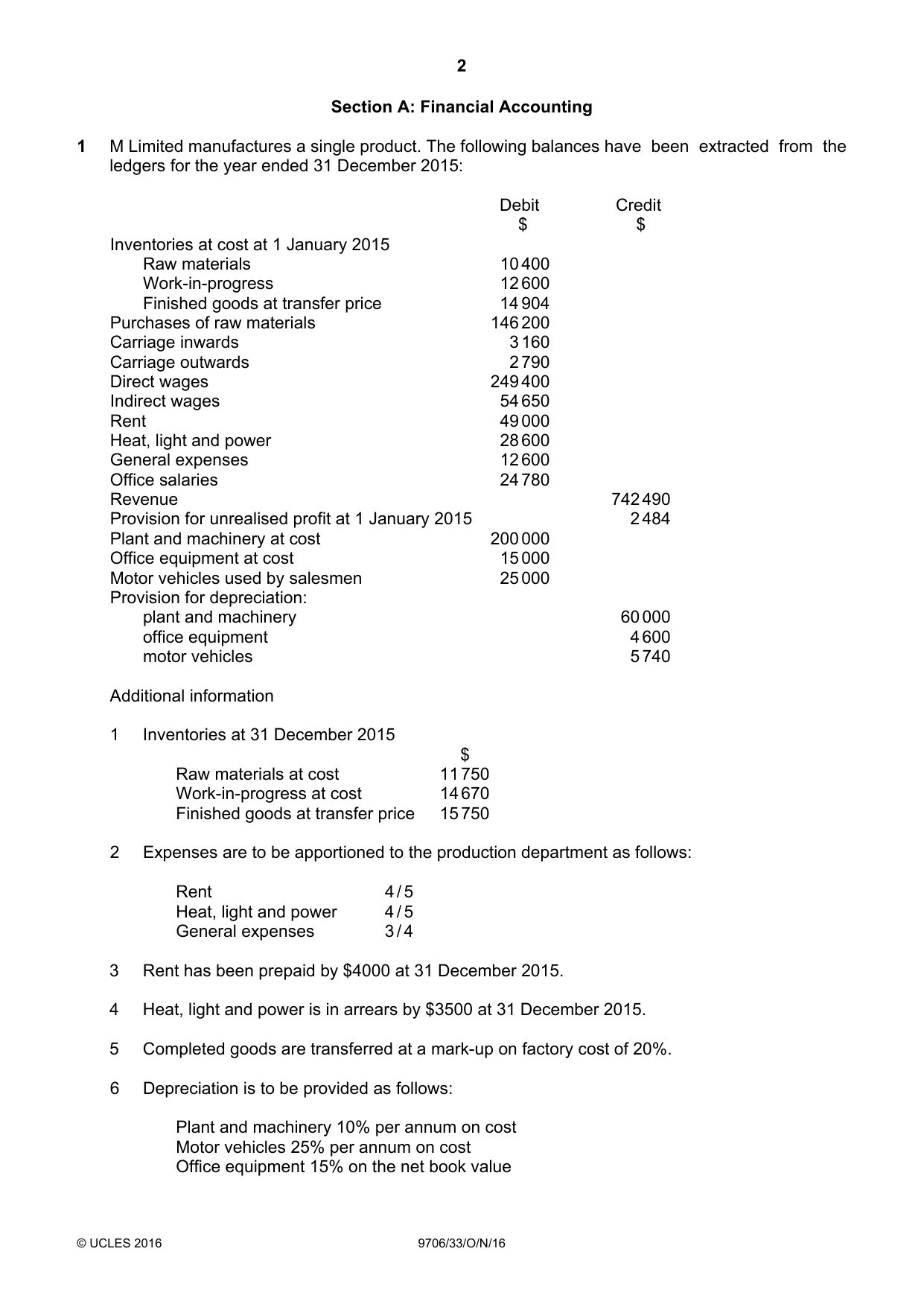 Cambridge A Level Accounting 9706 2016 Oct/Nov Paper 3 · Variant 3 question paper, page 2 of 12
