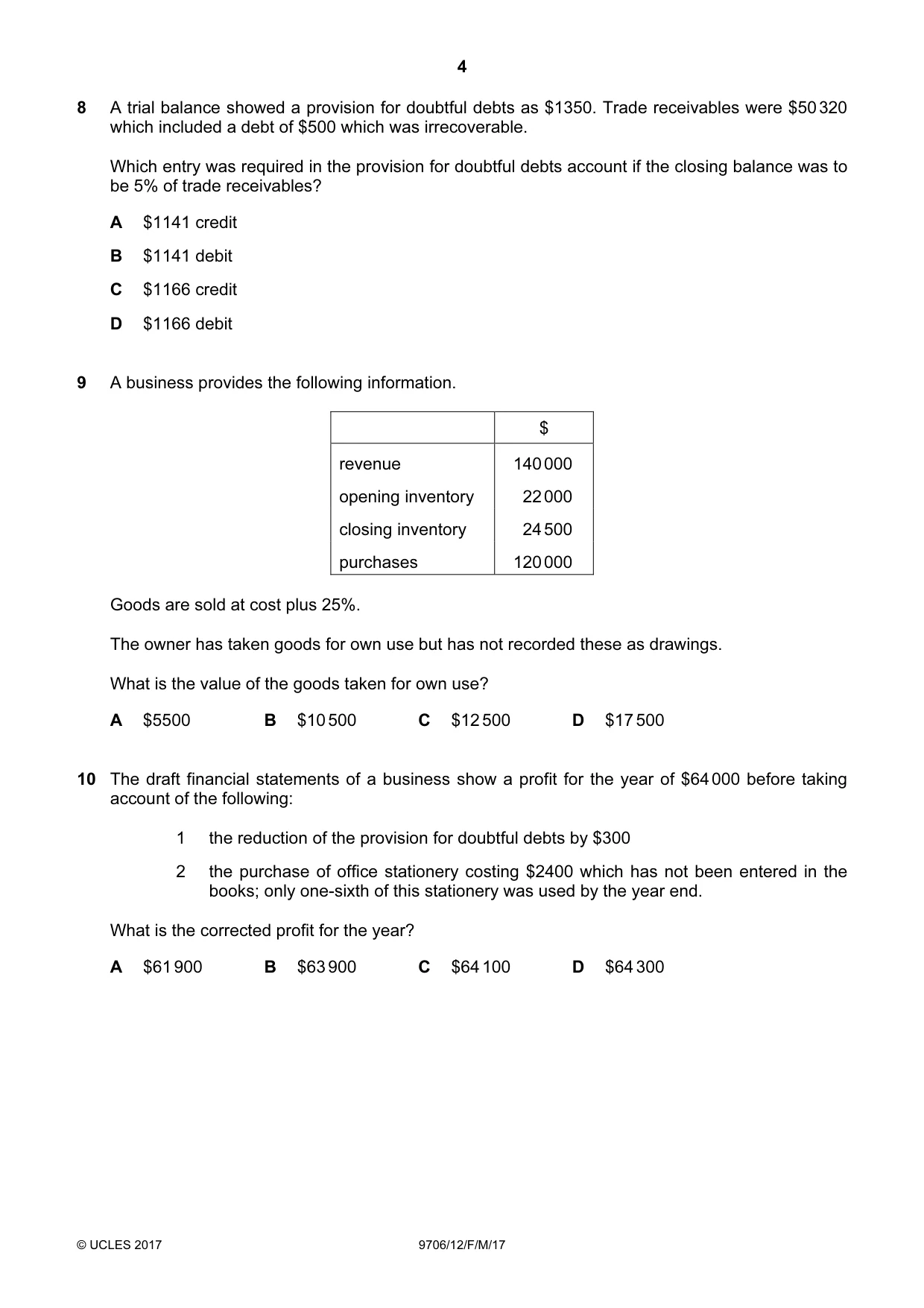 Cambridge A Level Accounting 9706 2017 Feb/March Paper 1 · Variant 2 question paper, page 4 of 12