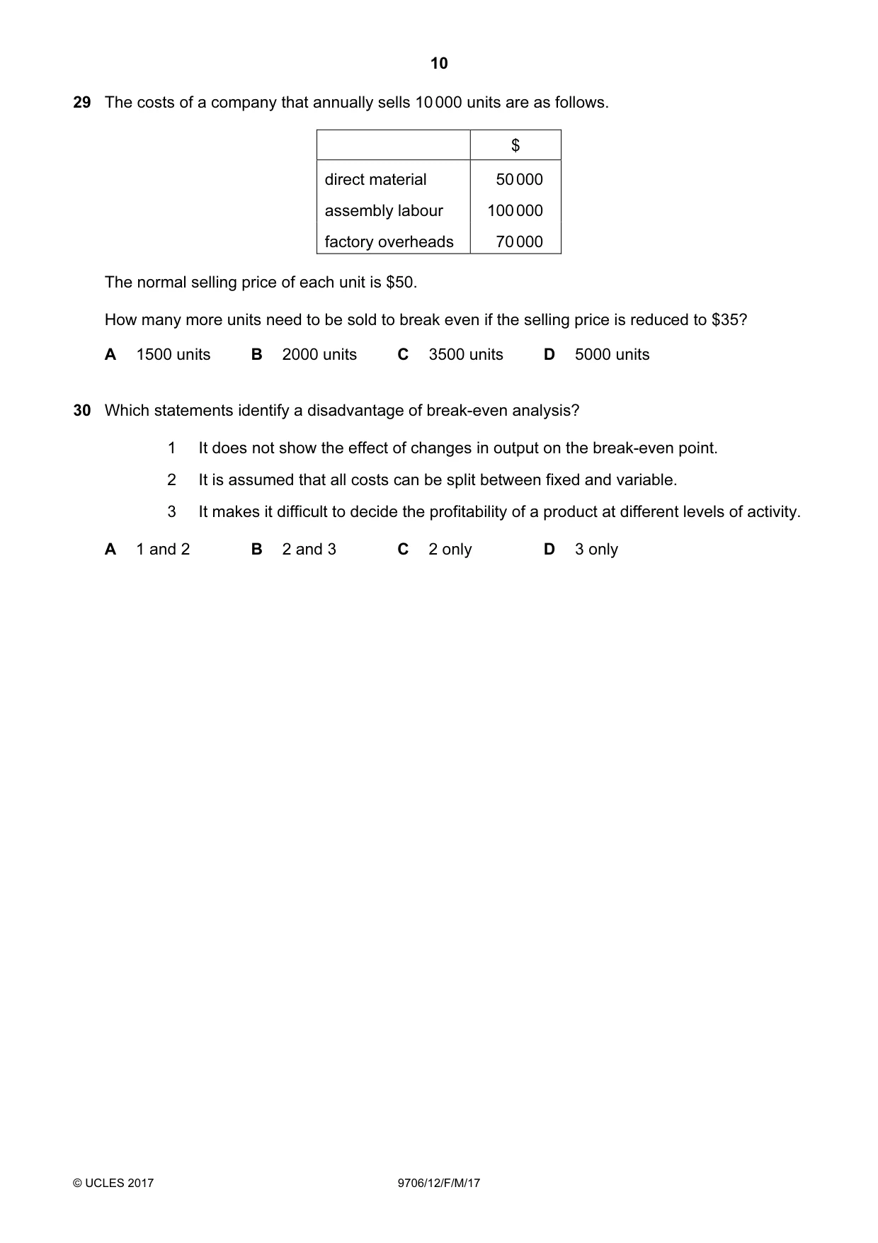 Cambridge A Level Accounting 9706 2017 Feb/March Paper 1 · Variant 2 question paper, page 10 of 12