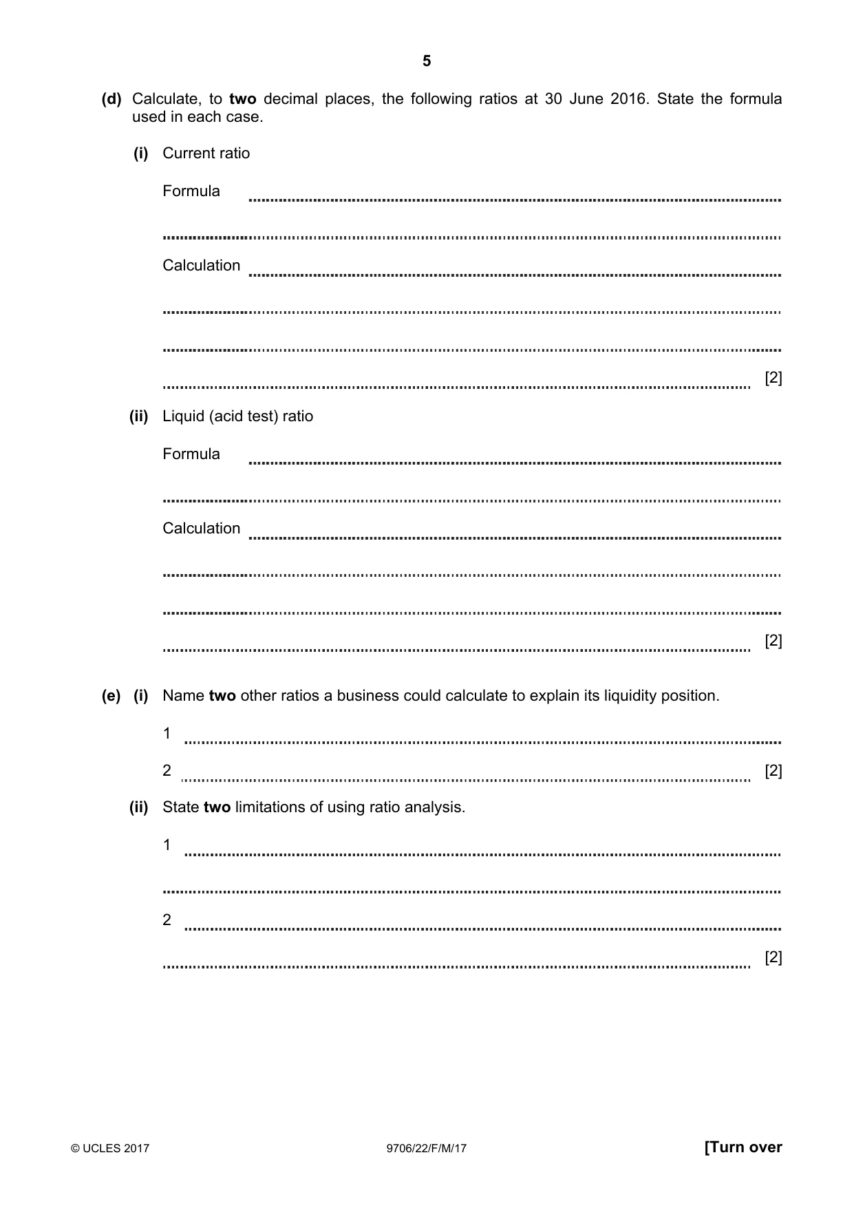 Cambridge A Level Accounting 9706 2017 Feb/March Paper 2 · Variant 2 question paper, page 5 of 20
