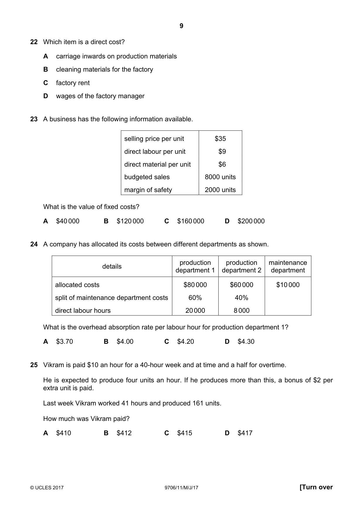 Cambridge A Level Accounting 9706 2017 May/June Paper 1 · Variant 1 question paper, page 9 of 12