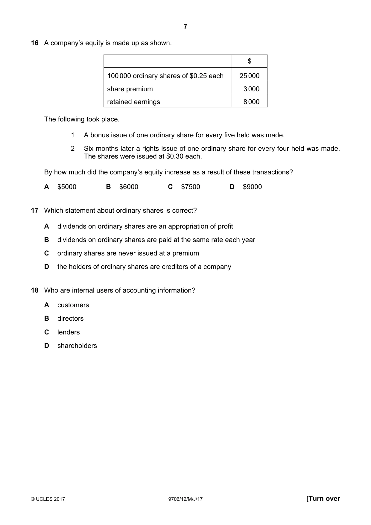 Cambridge A Level Accounting 9706 2017 May/June Paper 1 · Variant 2 question paper, page 7 of 12
