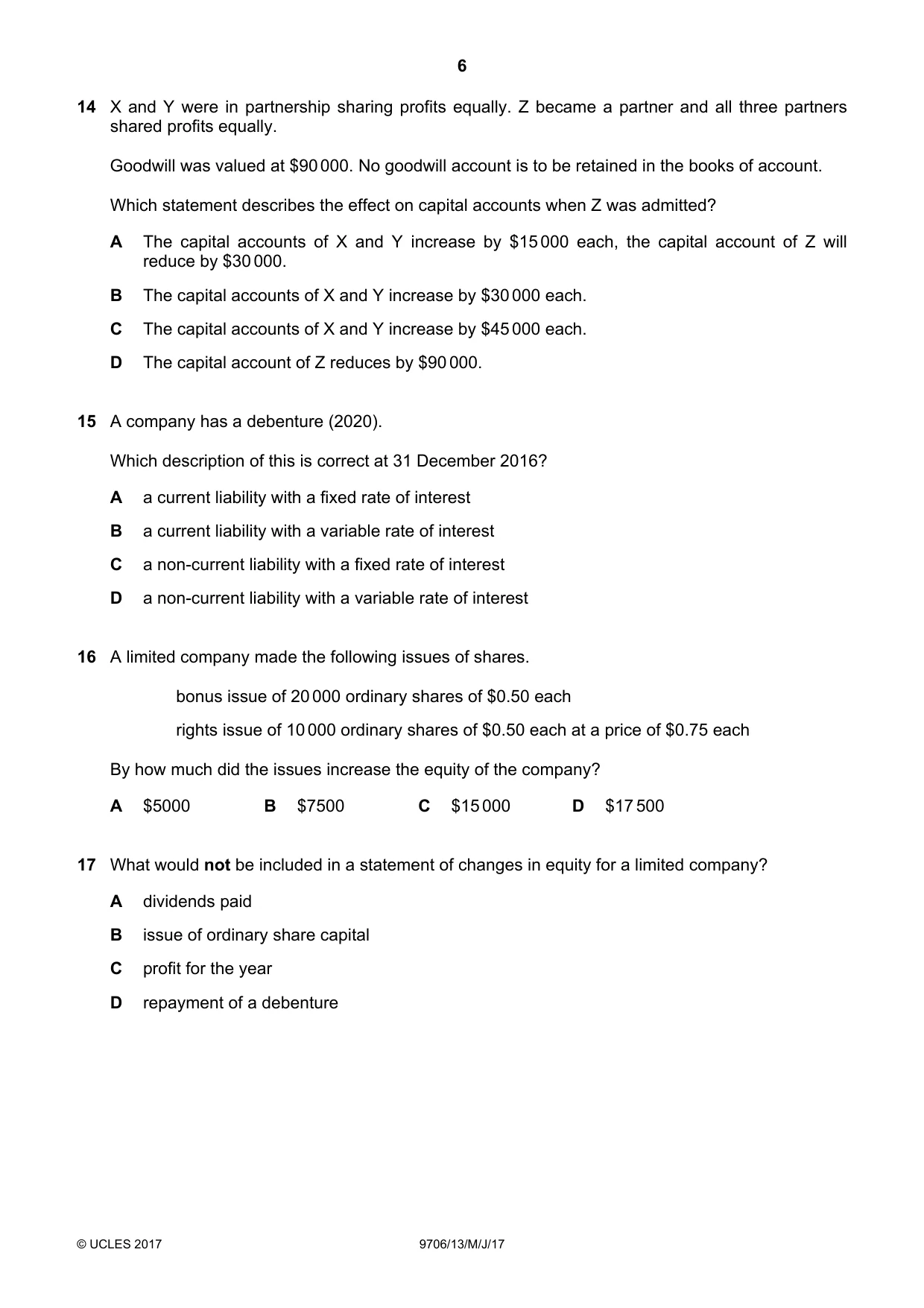 Cambridge A Level Accounting 9706 2017 May/June Paper 1 · Variant 3 question paper, page 6 of 12