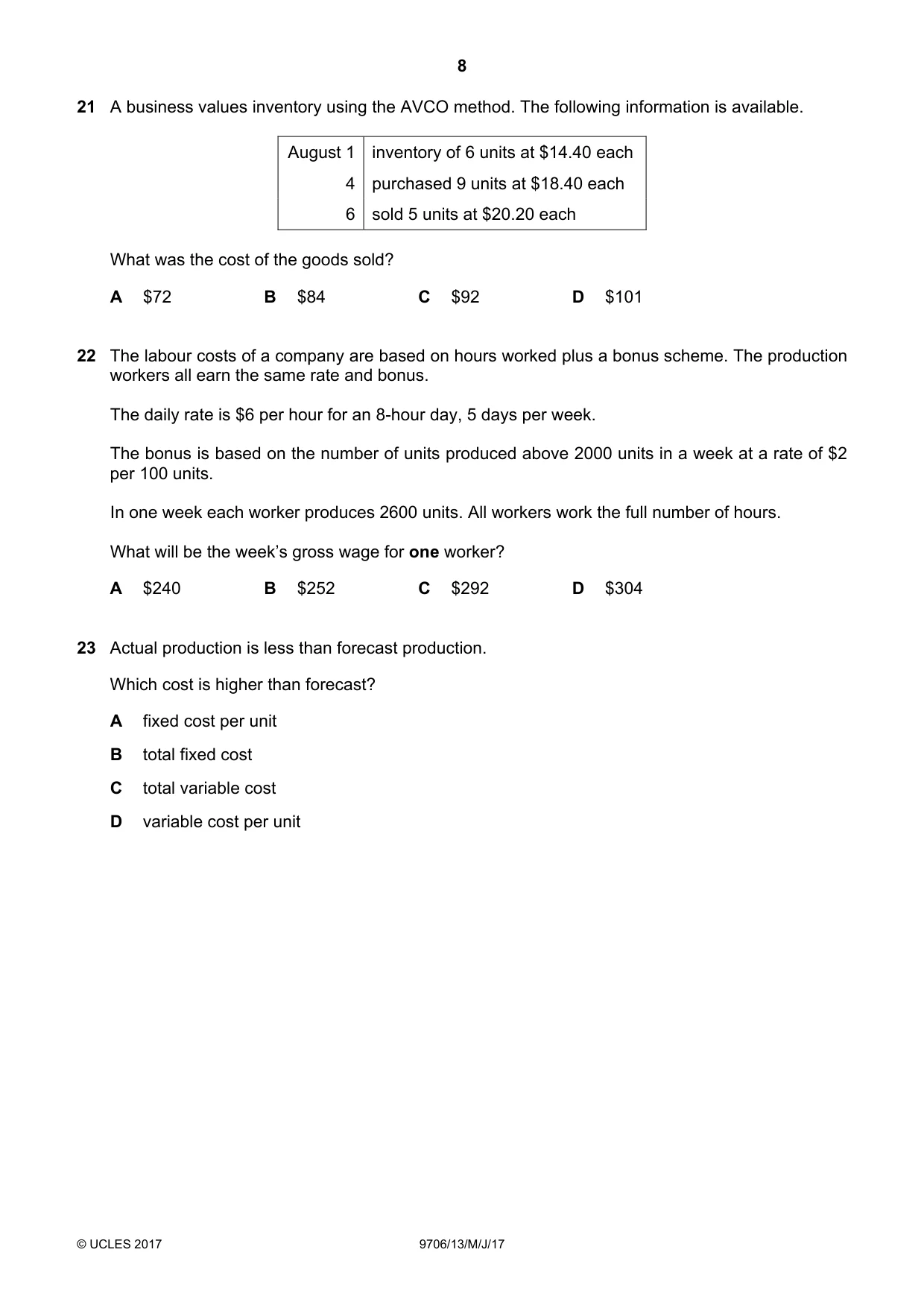 Cambridge A Level Accounting 9706 2017 May/June Paper 1 · Variant 3 question paper, page 8 of 12