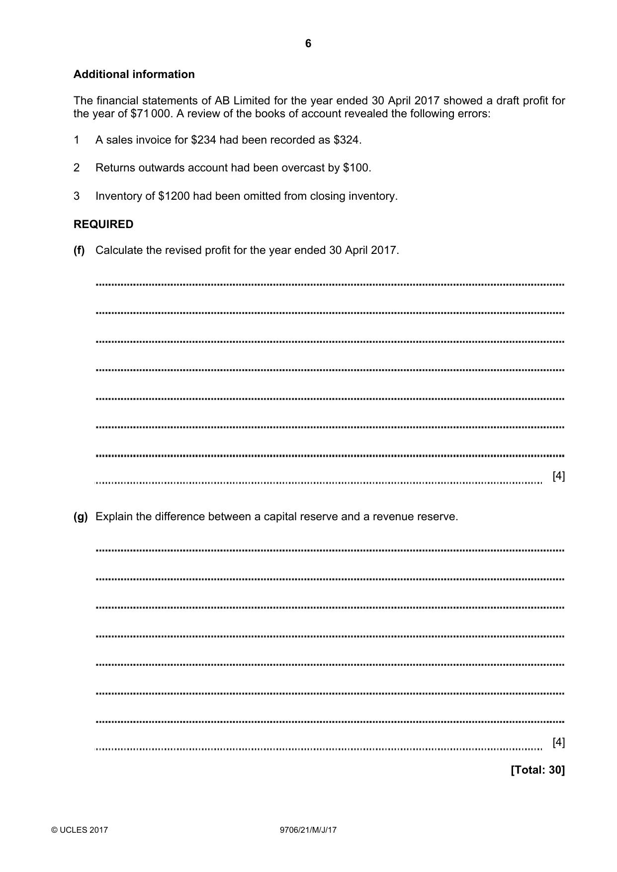 Cambridge A Level Accounting 9706 2017 May/June Paper 2 · Variant 1 question paper, page 6 of 20