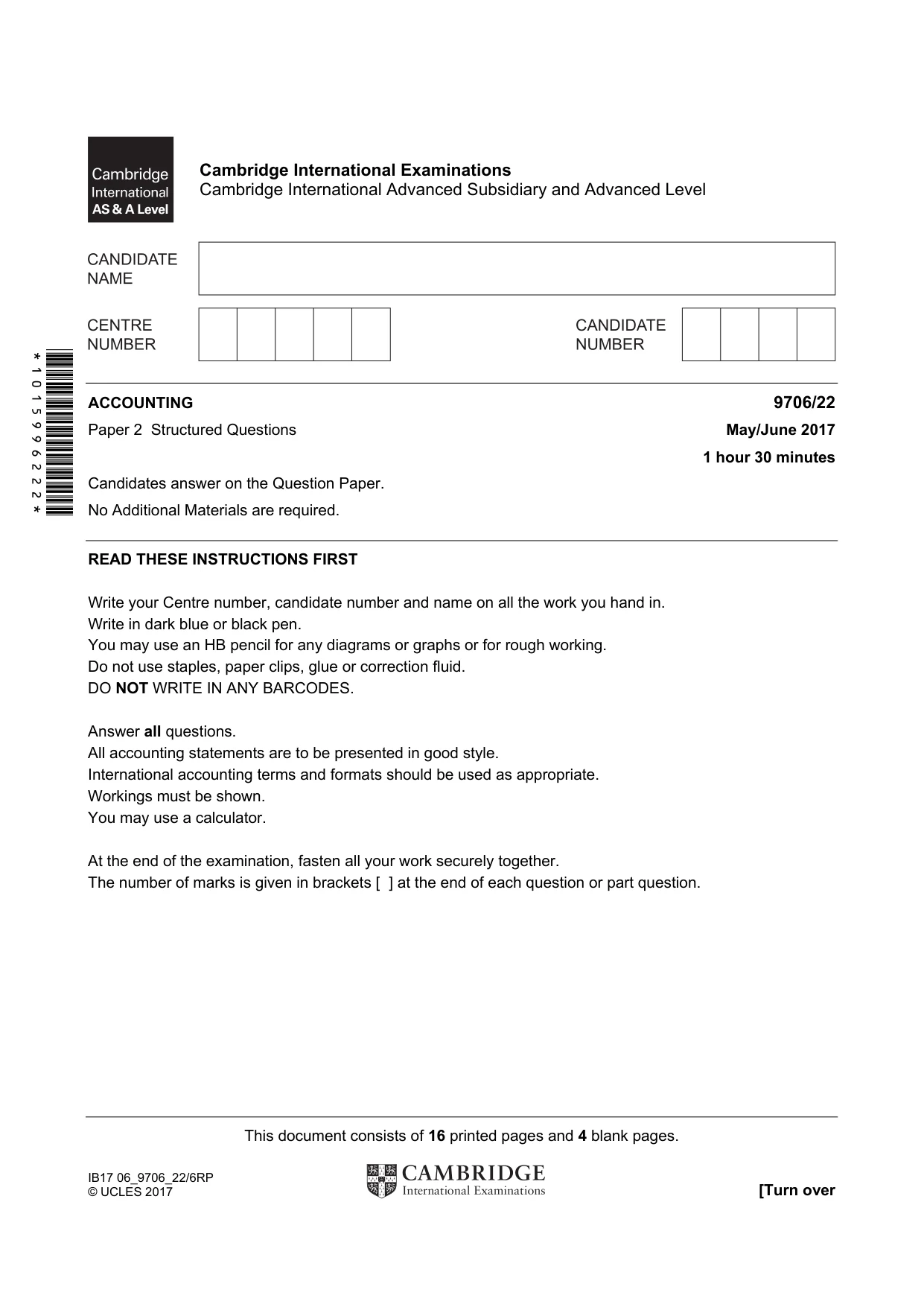 Cambridge A Level Accounting 9706 2017 May/June Paper 2 · Variant 2 question paper, page 1 of 20