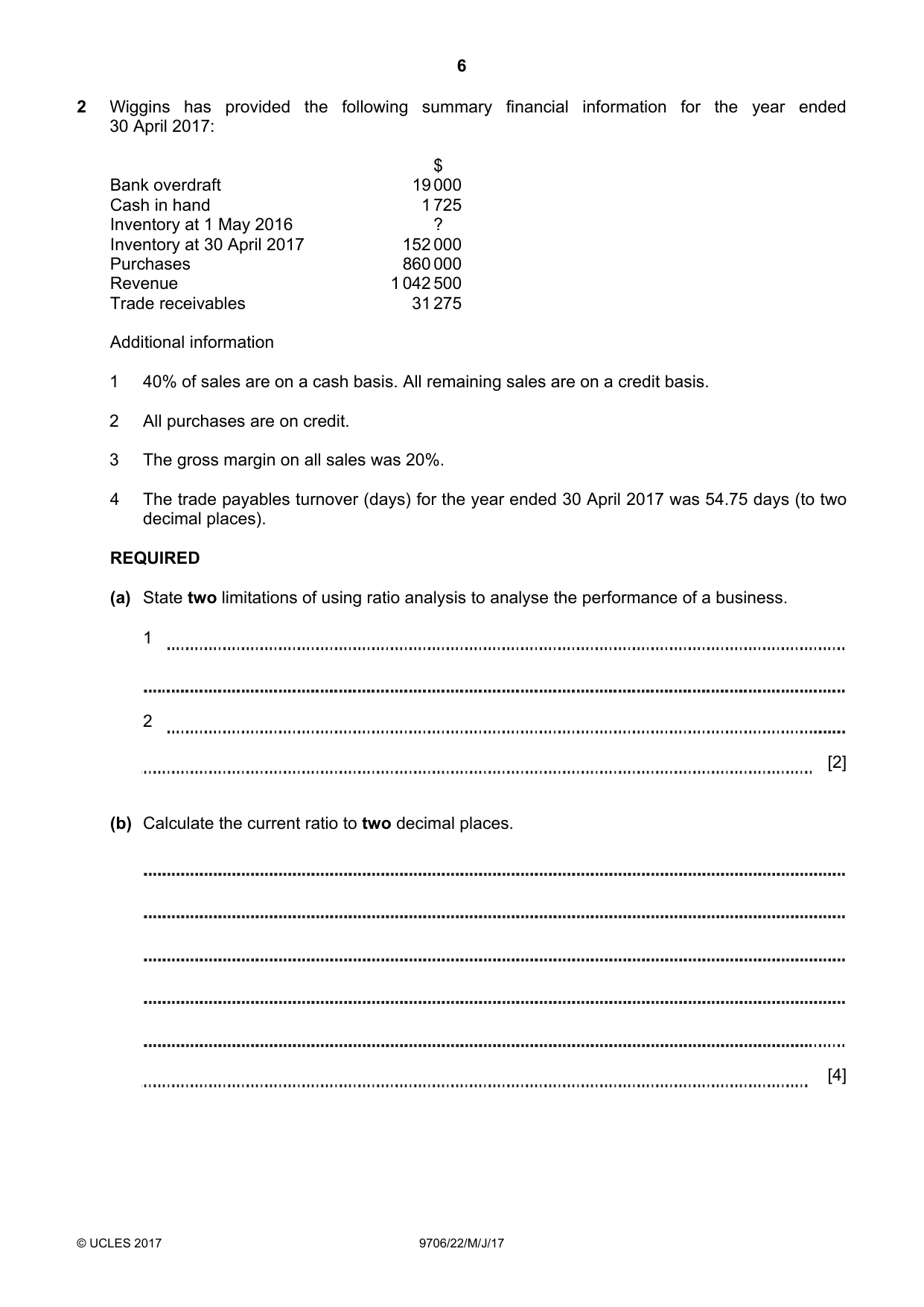 Cambridge A Level Accounting 9706 2017 May/June Paper 2 · Variant 2 question paper, page 6 of 20