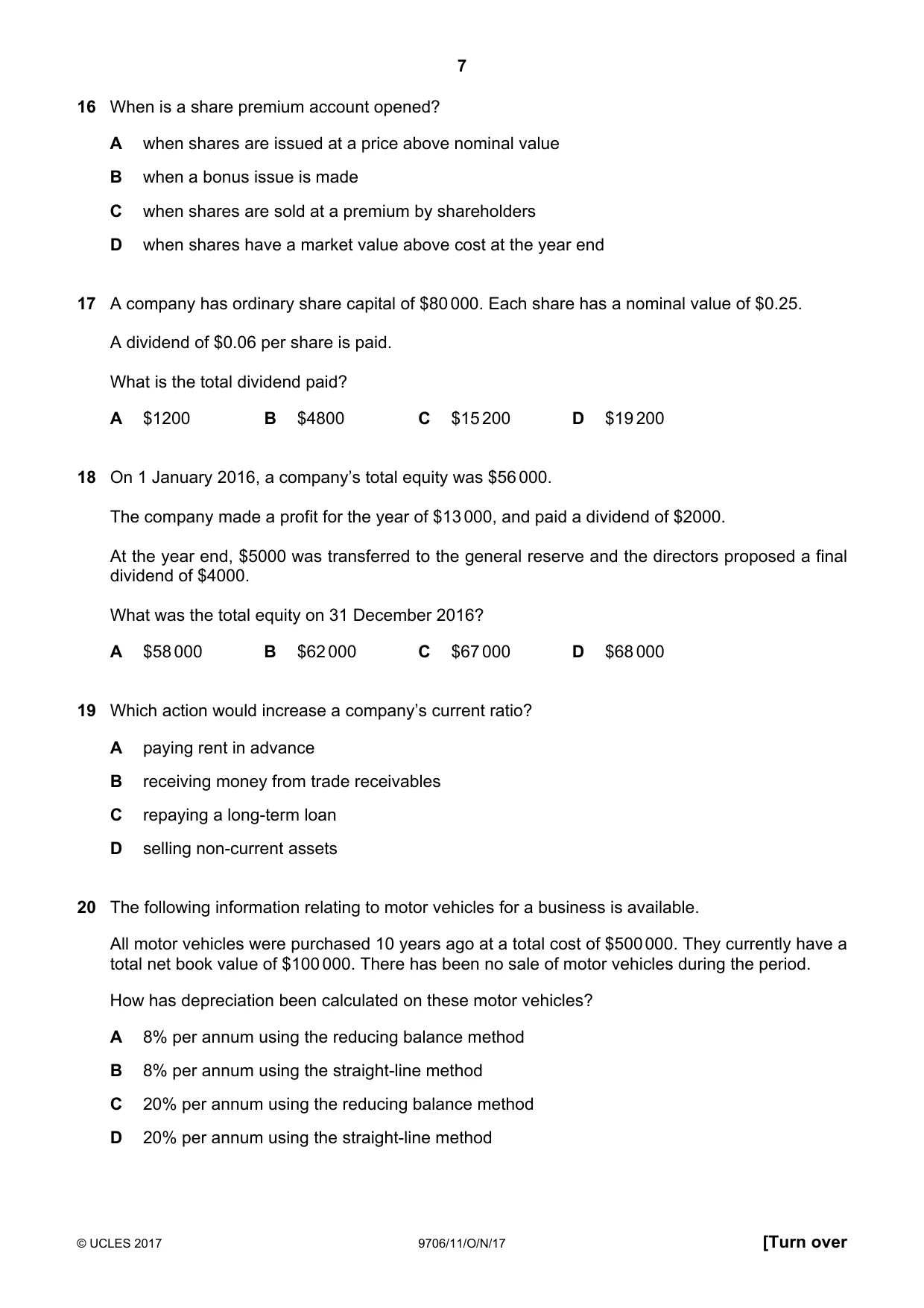 Cambridge A Level Accounting 9706 2017 Oct/Nov Paper 1 · Variant 1 question paper, page 7 of 12