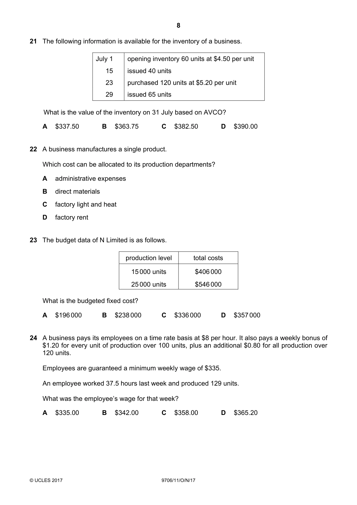 Cambridge A Level Accounting 9706 2017 Oct/Nov Paper 1 · Variant 1 question paper, page 8 of 12