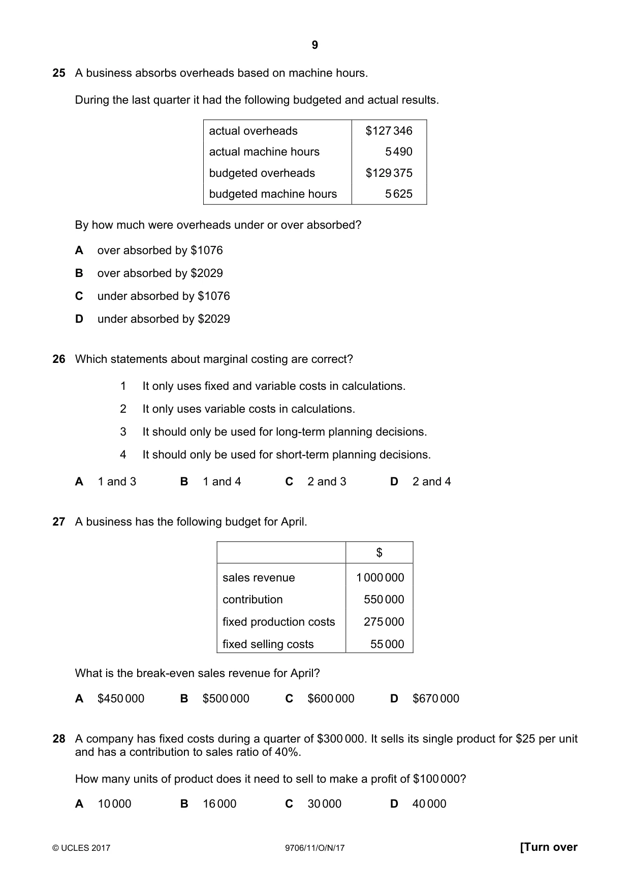 Cambridge A Level Accounting 9706 2017 Oct/Nov Paper 1 · Variant 1 question paper, page 9 of 12