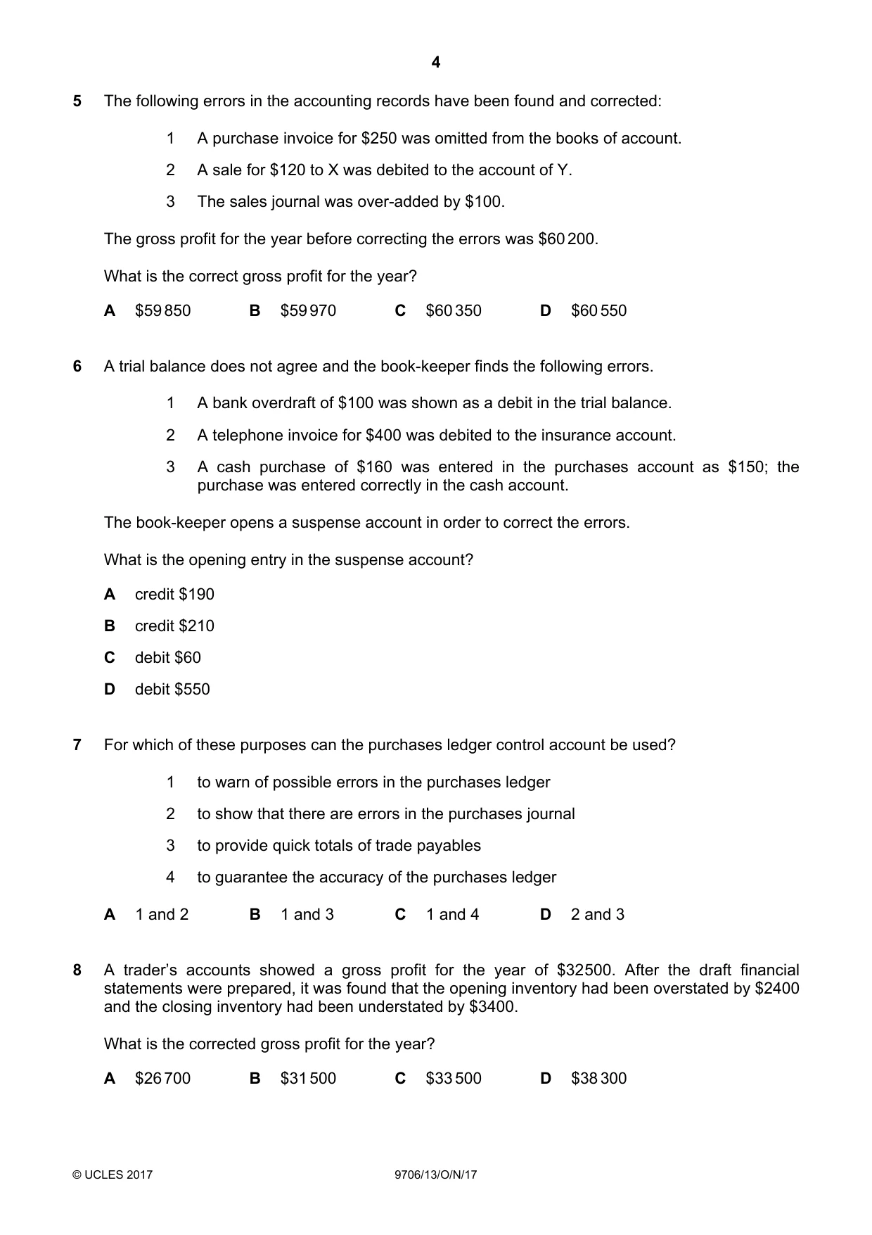 Cambridge A Level Accounting 9706 2017 Oct/Nov Paper 1 · Variant 3 question paper, page 4 of 12
