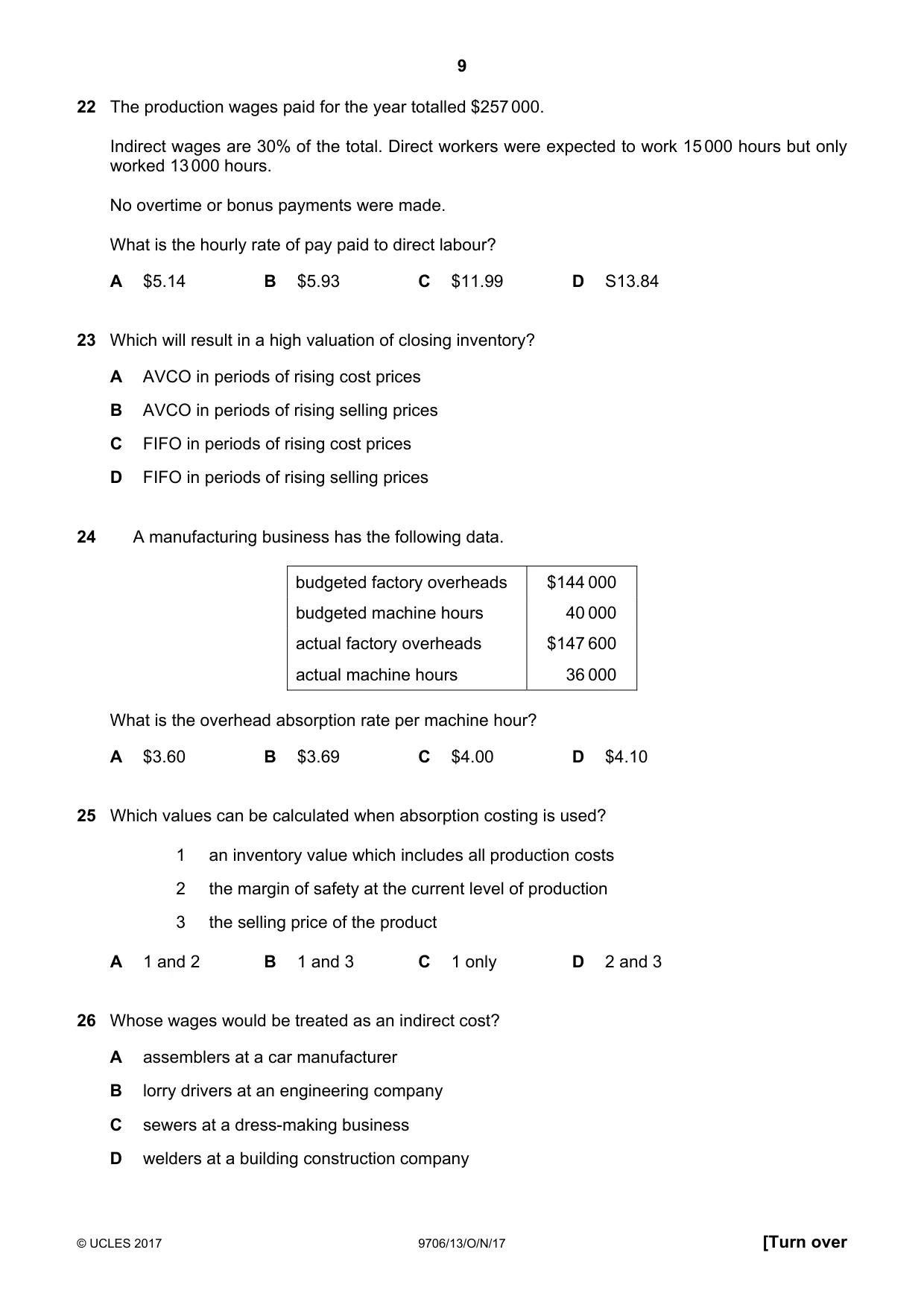 Cambridge A Level Accounting 9706 2017 Oct/Nov Paper 1 · Variant 3 question paper, page 9 of 12