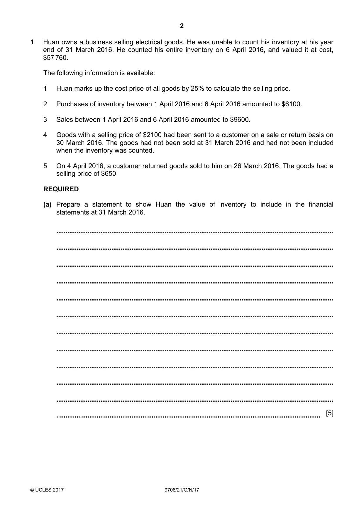 Cambridge A Level Accounting 9706 2017 Oct/Nov Paper 2 · Variant 1 question paper, page 2 of 20