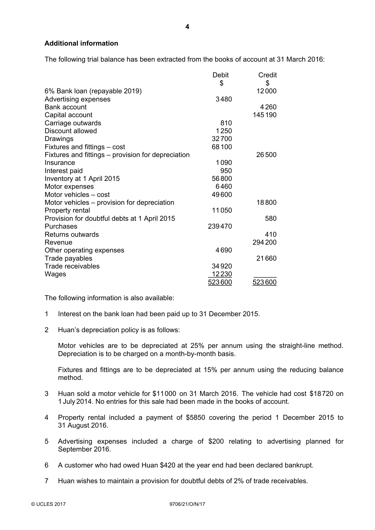 Cambridge A Level Accounting 9706 2017 Oct/Nov Paper 2 · Variant 1 question paper, page 4 of 20