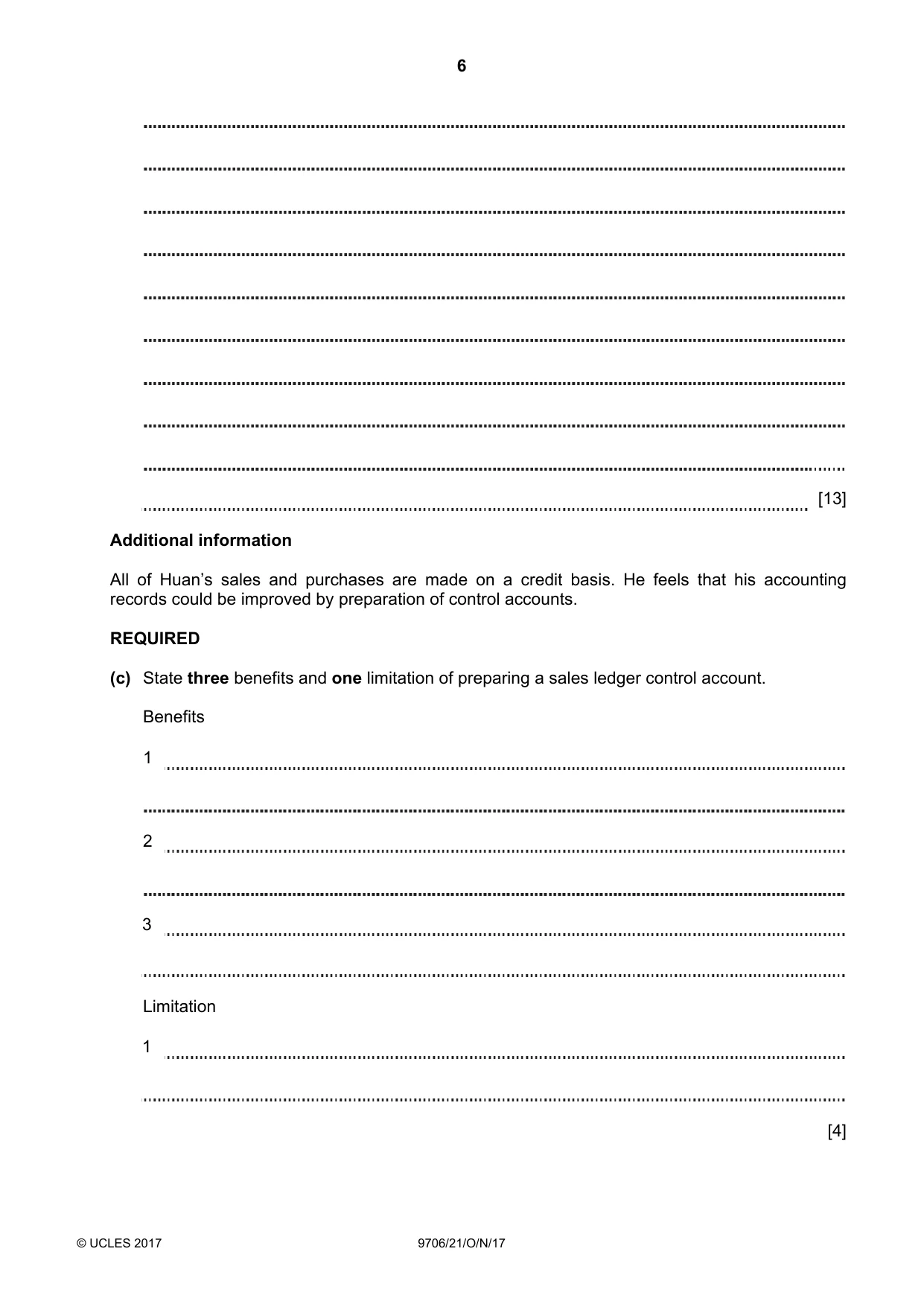 Cambridge A Level Accounting 9706 2017 Oct/Nov Paper 2 · Variant 1 question paper, page 6 of 20