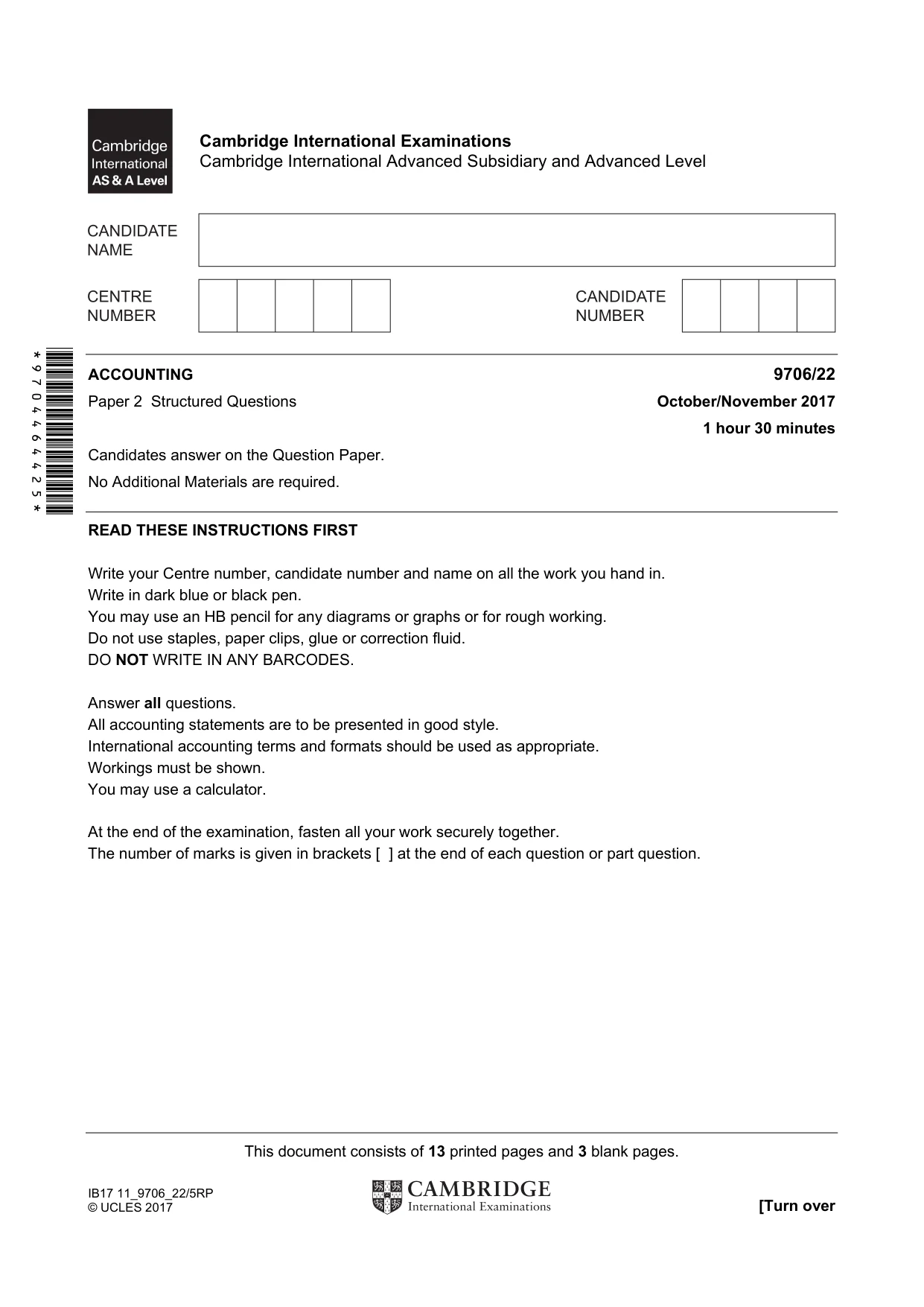 Cambridge A Level Accounting 9706 2017 Oct/Nov Paper 2 · Variant 2 question paper, page 1 of 16