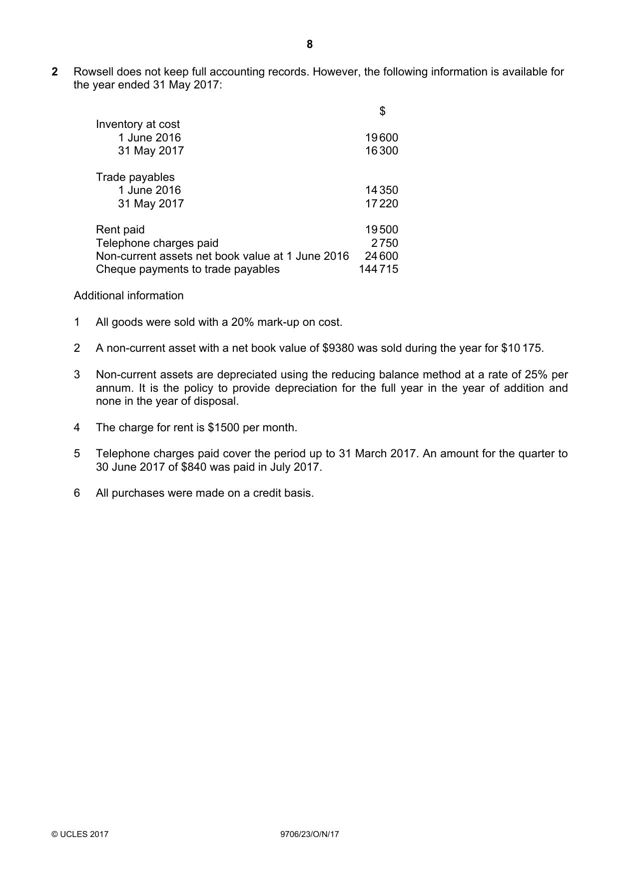 Cambridge A Level Accounting 9706 2017 Oct/Nov Paper 2 · Variant 3 question paper, page 8 of 20