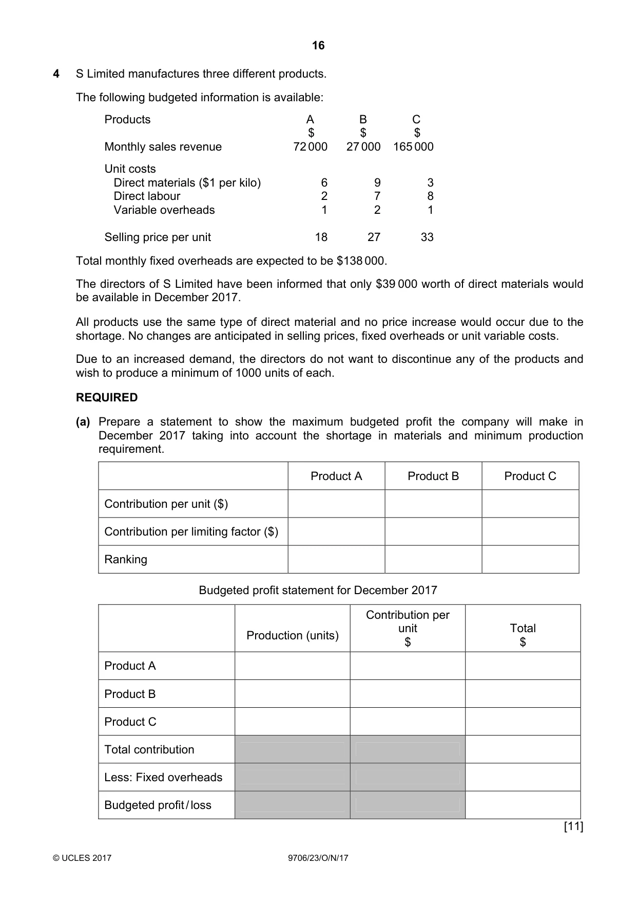 Cambridge A Level Accounting 9706 2017 Oct/Nov Paper 2 · Variant 3 question paper, page 16 of 20