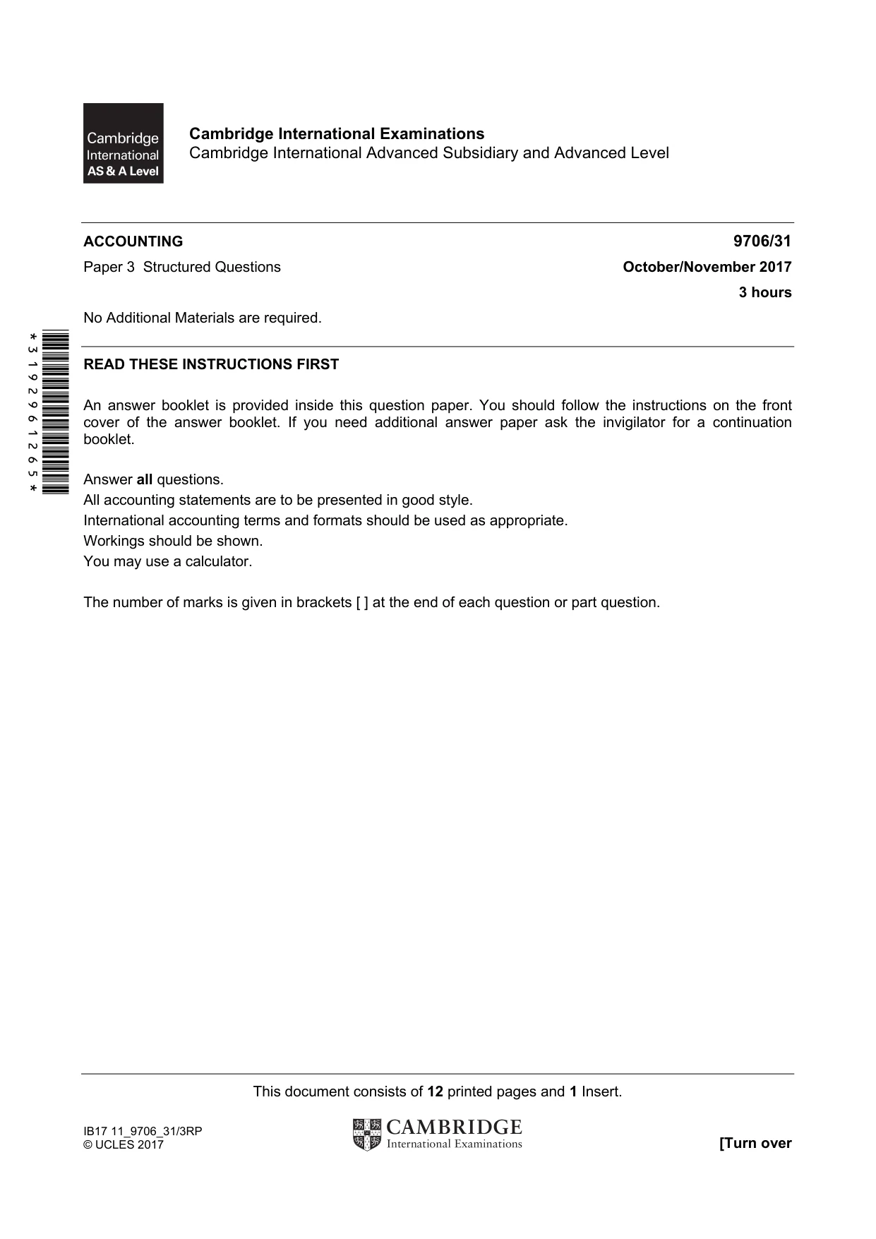 Cambridge A Level Accounting 9706 2017 Oct/Nov Paper 3 · Variant 1 question paper, page 1 of 12