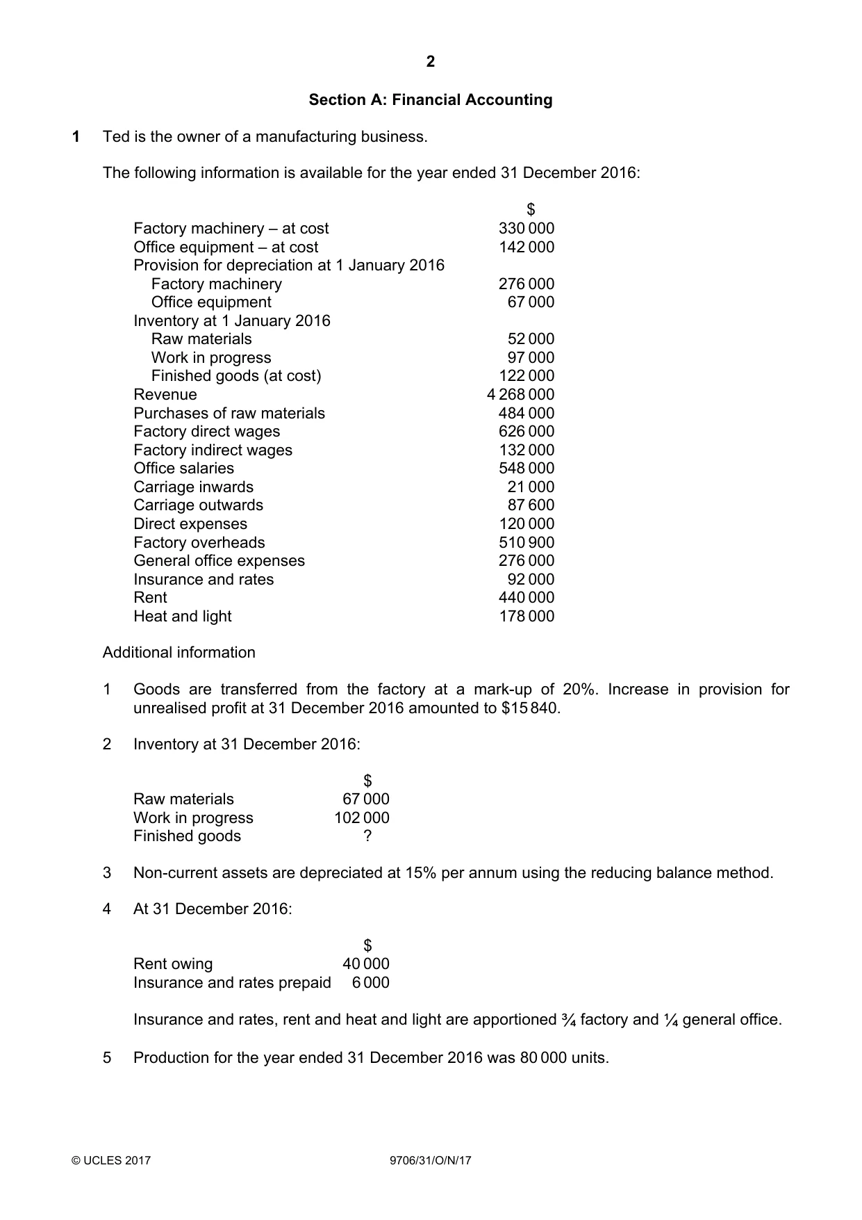 Cambridge A Level Accounting 9706 2017 Oct/Nov Paper 3 · Variant 1 question paper, page 2 of 12
