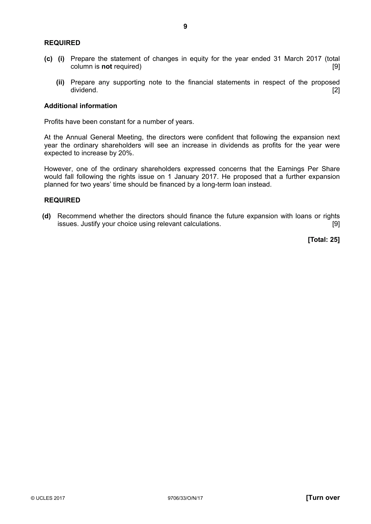 Cambridge A Level Accounting 9706 2017 Oct/Nov Paper 3 · Variant 3 question paper, page 9 of 12