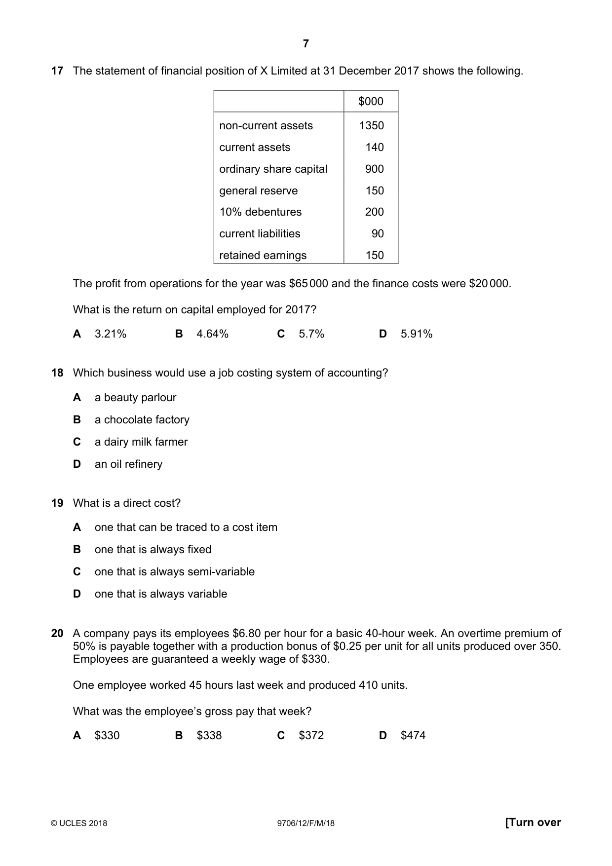 Cambridge A Level Accounting 9706 2018 Feb/March Paper 1 · Variant 2 question paper, page 7 of 12